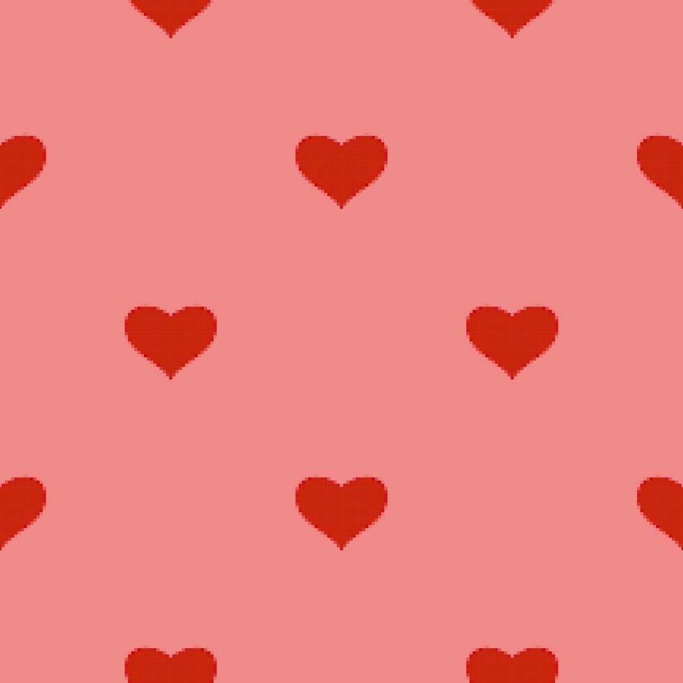 Red heart seamless pattern in pixel art style. pink background. 8 bit wallpaper. Valentine's Day
