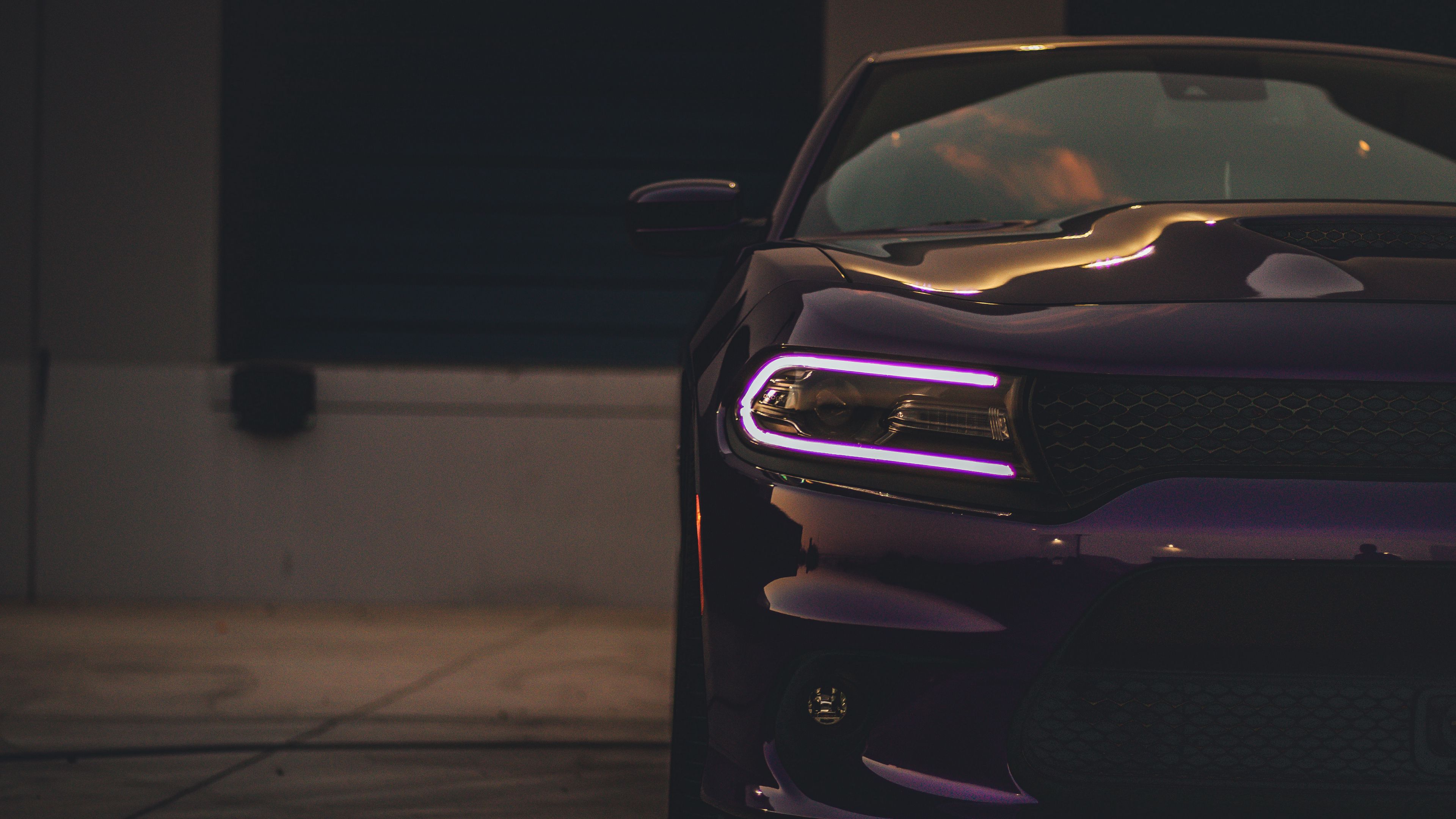 Wallpaper / dodge charger, headlight, car, purple, light, 4k free download