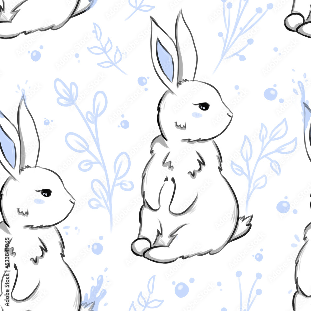 Rabbit and flowers seamless pattern. New year 2023 symbol rabbit. Cute illustration of rabbits for poster, background, wallpaper. Hand drawn digital art Stock Illustration