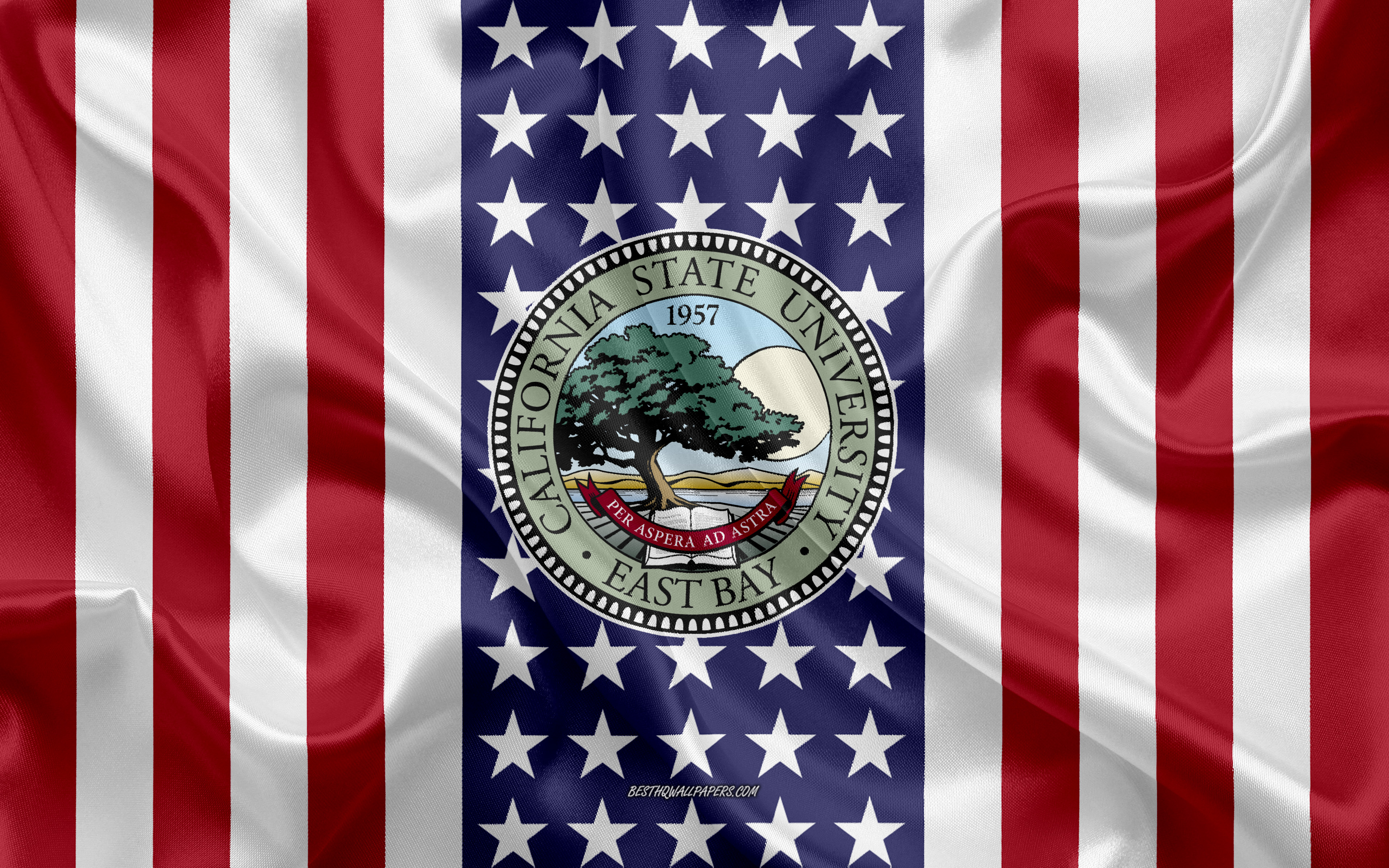 Download wallpaper California State University East Bay Emblem, American Flag, California State University East Bay logo, Hayward, California, USA, Emblem of California State University East Bay for desktop with resolution 3840x2400. High