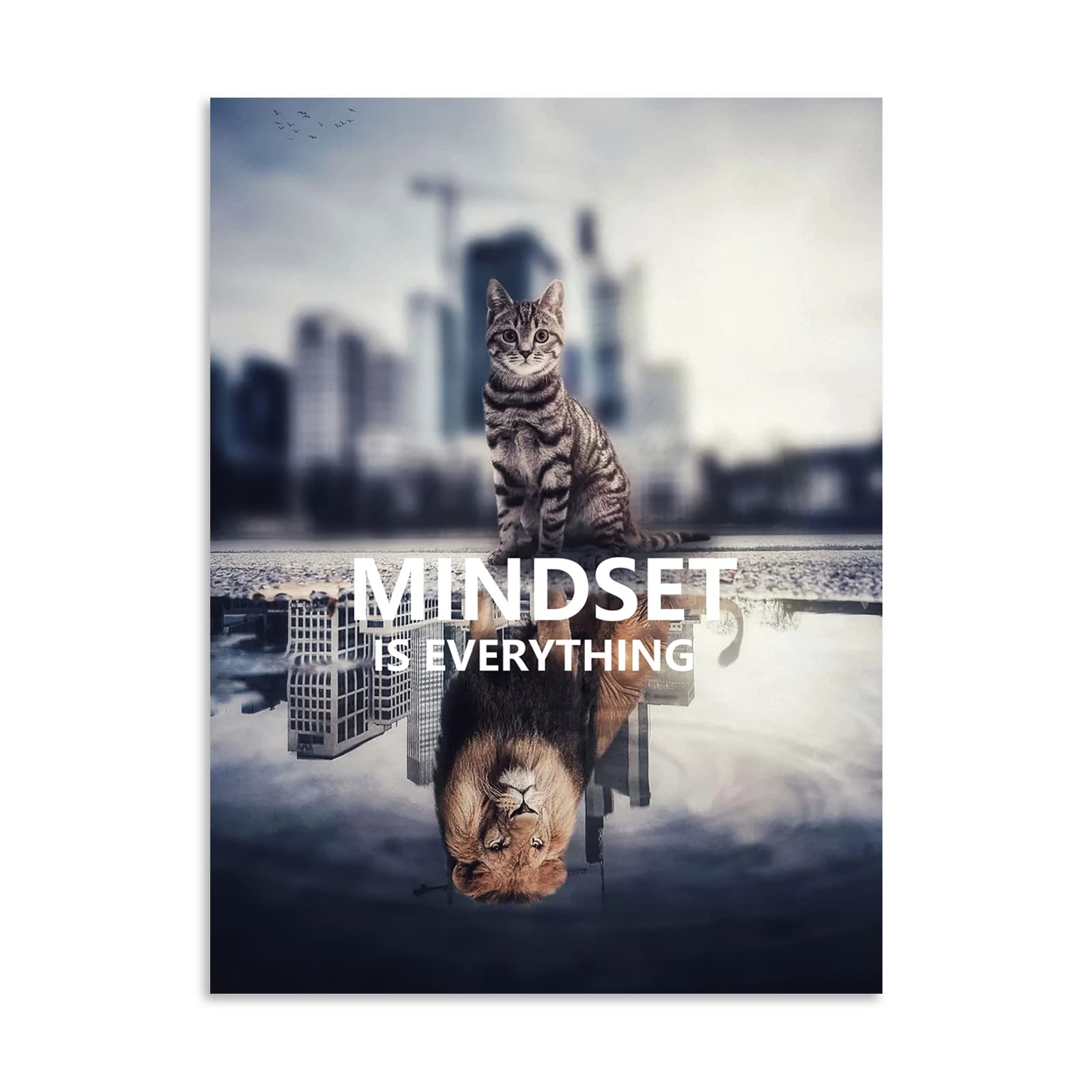 Inspirational Wall Art Cute Animal Cat Lion Poster Painting Mindset is Everything Inspiring Print Artwork Picture Wooden Living Room Office Home Decoration Picture Frame Ready to Hang[18 W x 24 H]