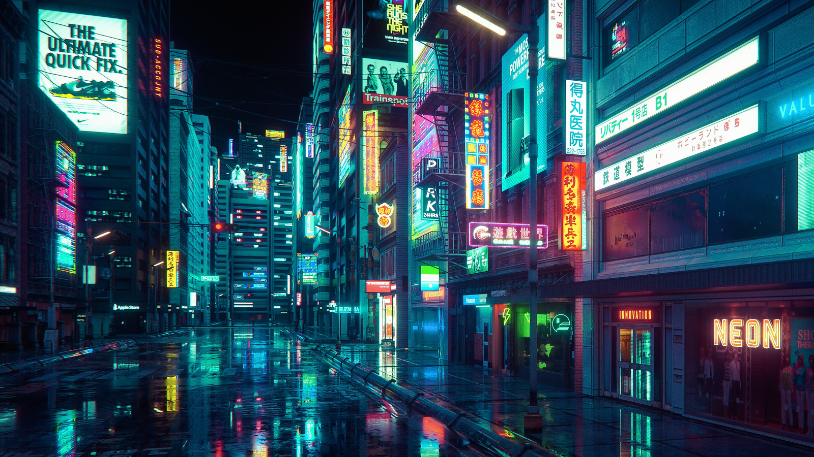 Wallpaper, artwork, city, building, street, Nike, signboard, night, stores, wires, neon glow, cyberpunk, Mark Chang 3840x2160