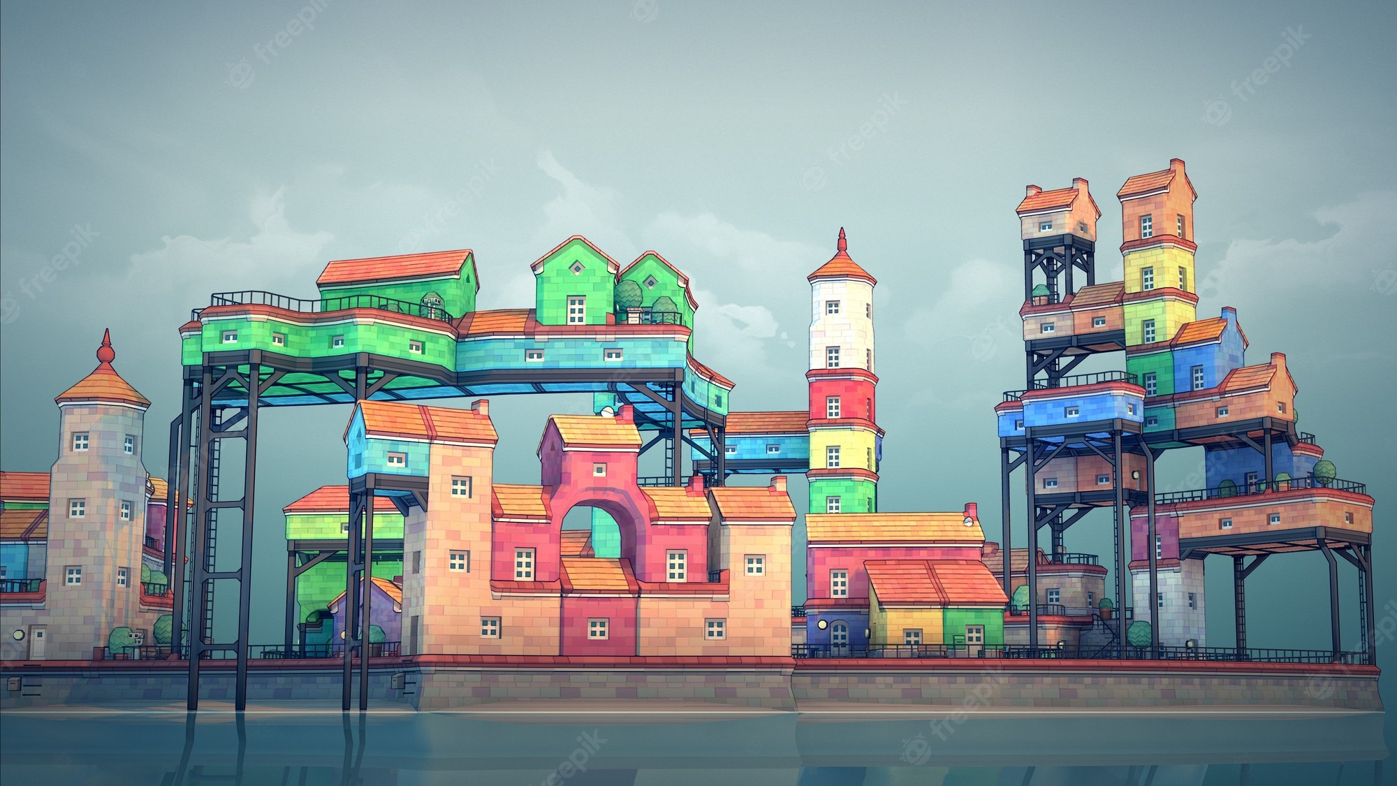 Premium Photo. Cartoon style high quality 3D render low poly anime city isolated view 4k wallpaper