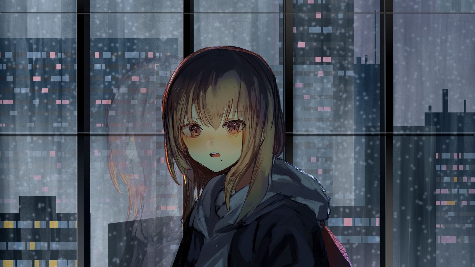 Download wallpaper 1920x1080 girl, window, buildings, city, view, anime full hd, hdtv, fhd, 1080p HD background