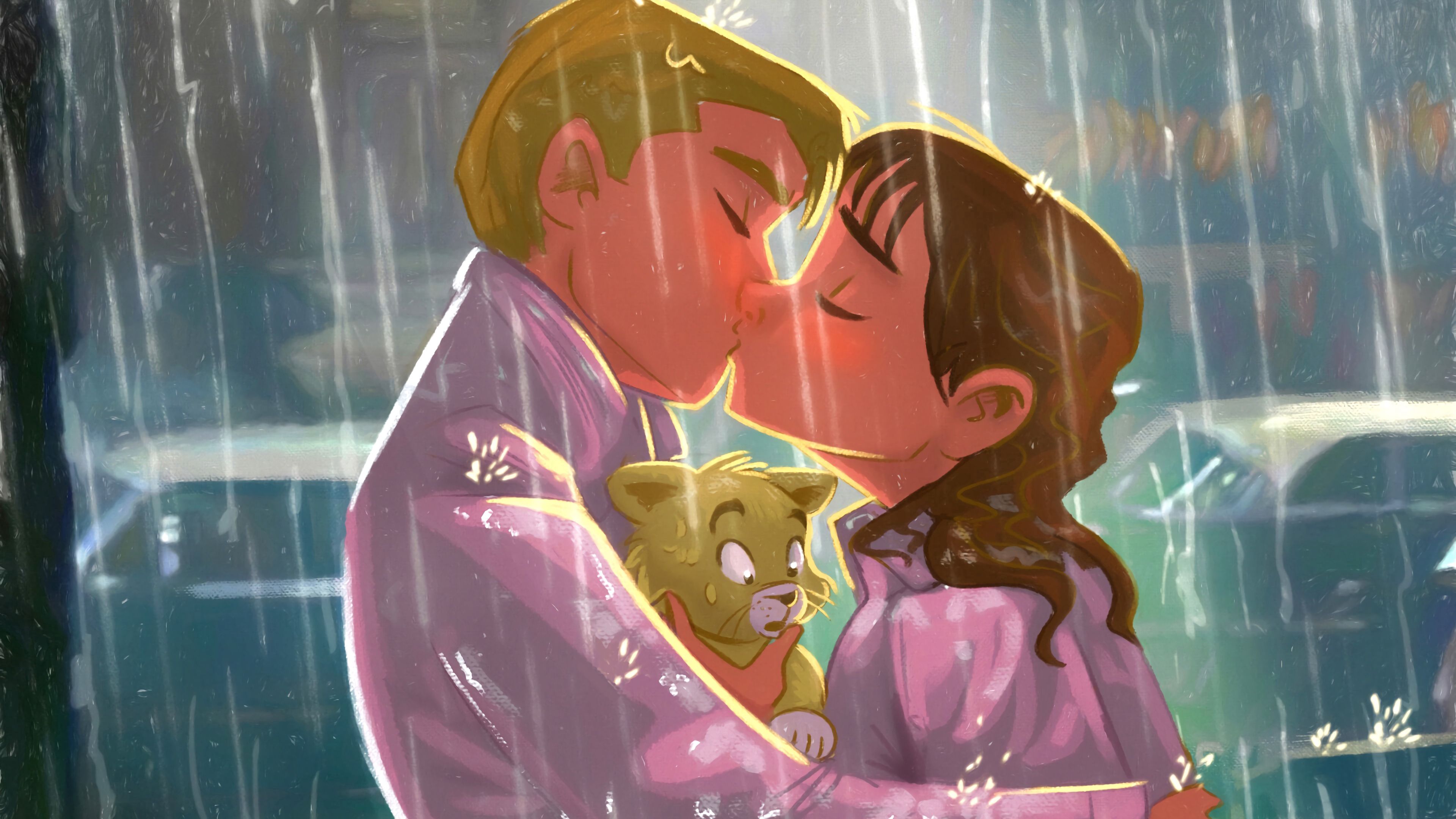 Wallpaper / kiss, couple, art, love, kitten, rain, 4k free download