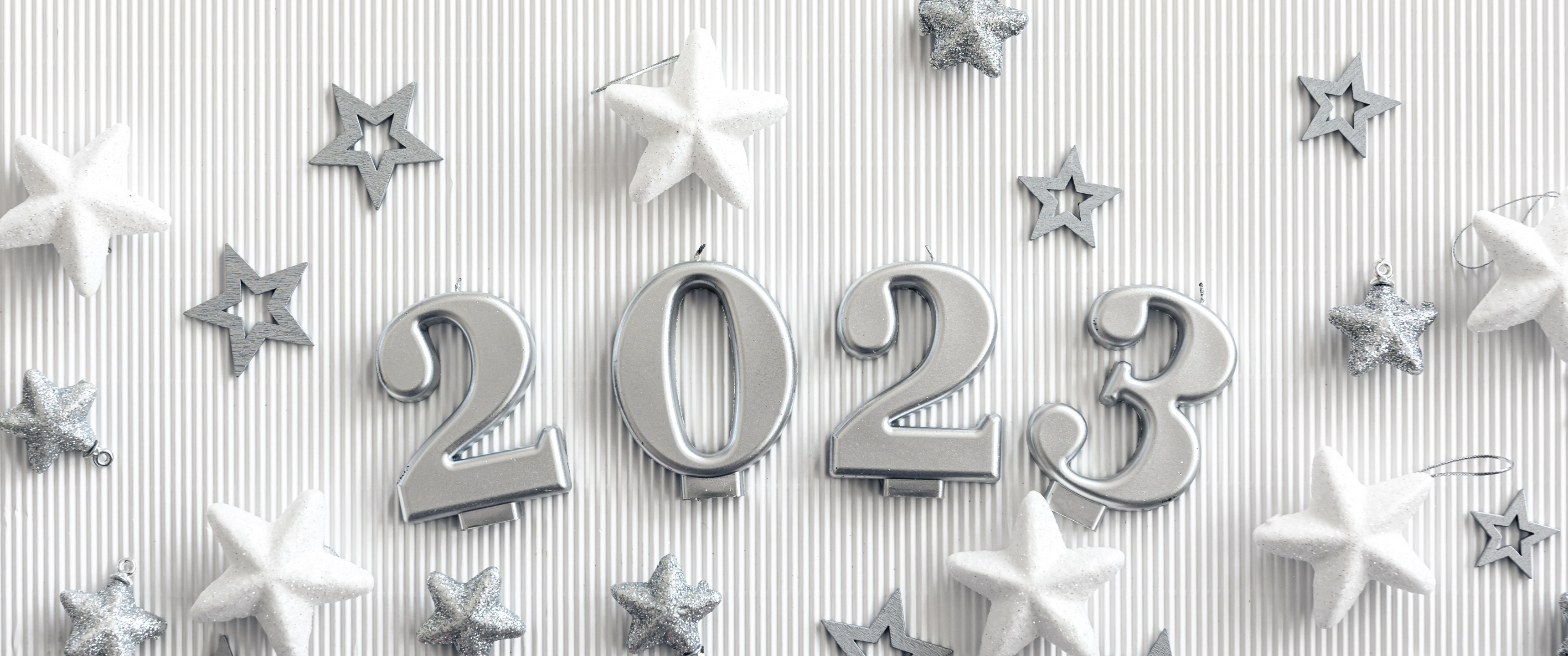 2023 New Year Wallpaper 4K, Stars, White Background, Celebrations New Year