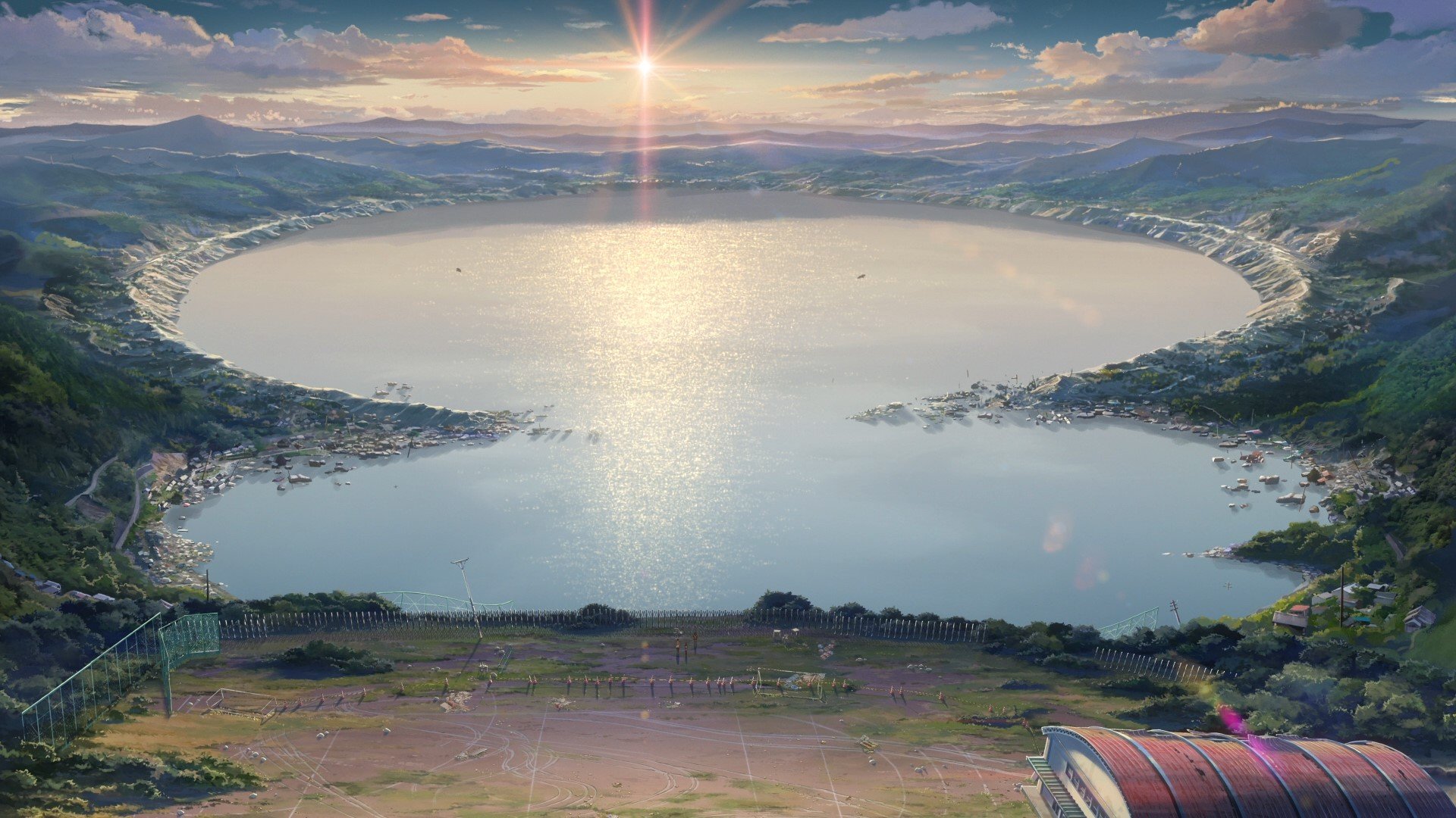lake, mountains, landscape, Kimi no Na Wa, Your Name, realistic Gallery HD Wallpaper