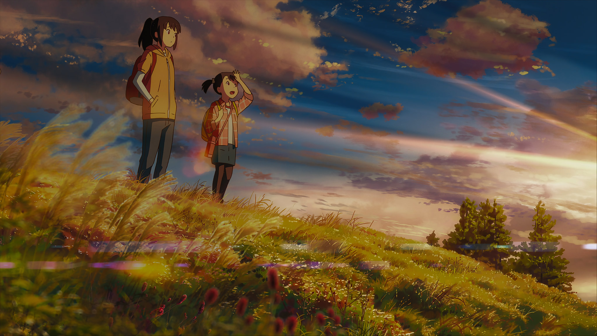 Wallpaper, anime, landscape, grass, Kimi no Na Wa, your name, sky, clouds, Miyamizu Mitsuha, Mitsuha Miyamizu 2048x1152
