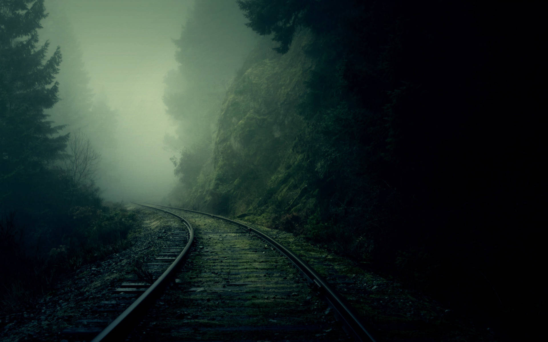 Download Foggy Dark Green Railway Aesthetic Wallpaper
