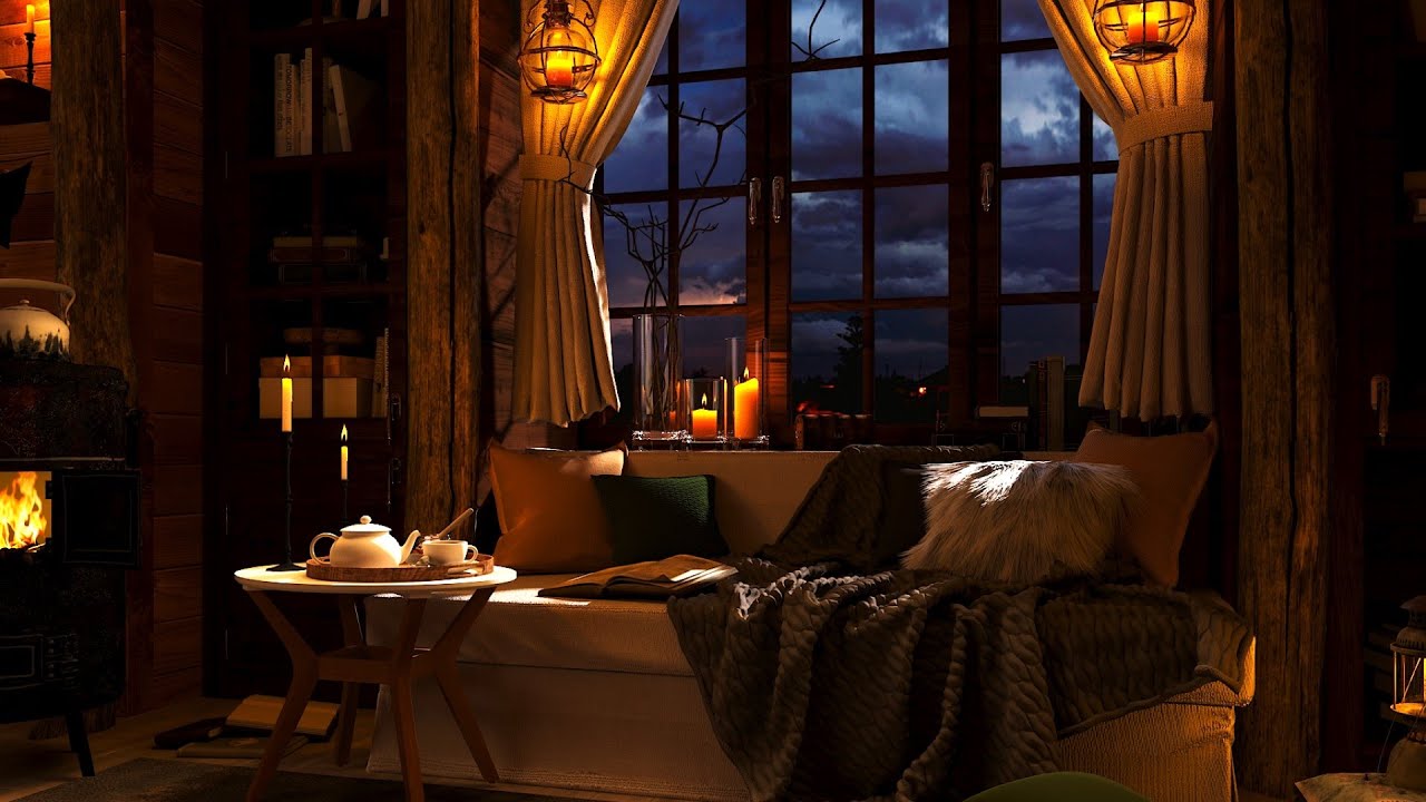 Cozy Cabin Ambience with Gentle Night Rain and Crackling Fireplace Sounds Hours