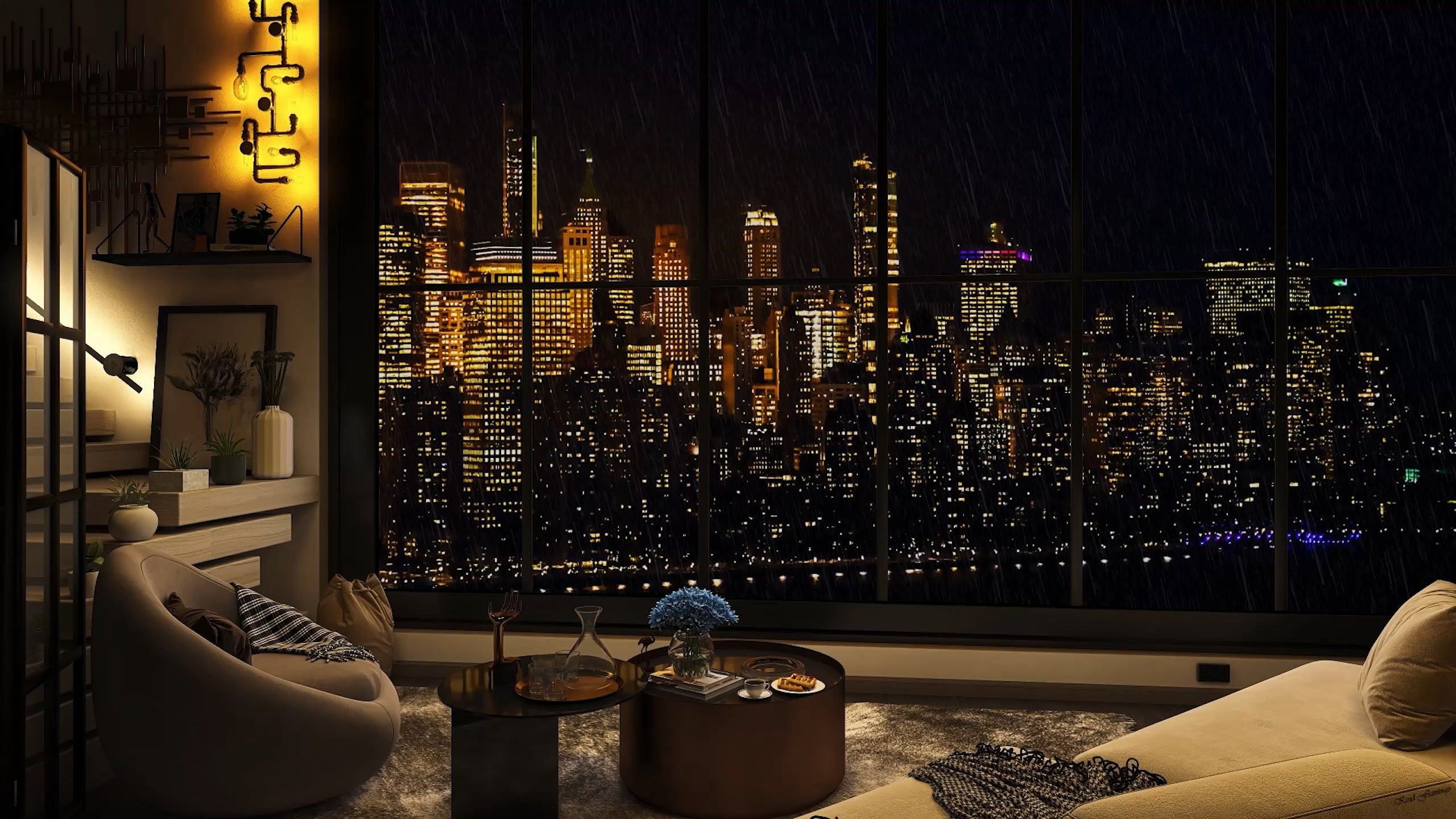 A Rainy Night in NYC Cozy Apartment. for My Youtube Ambience Channel. [1920x1080]