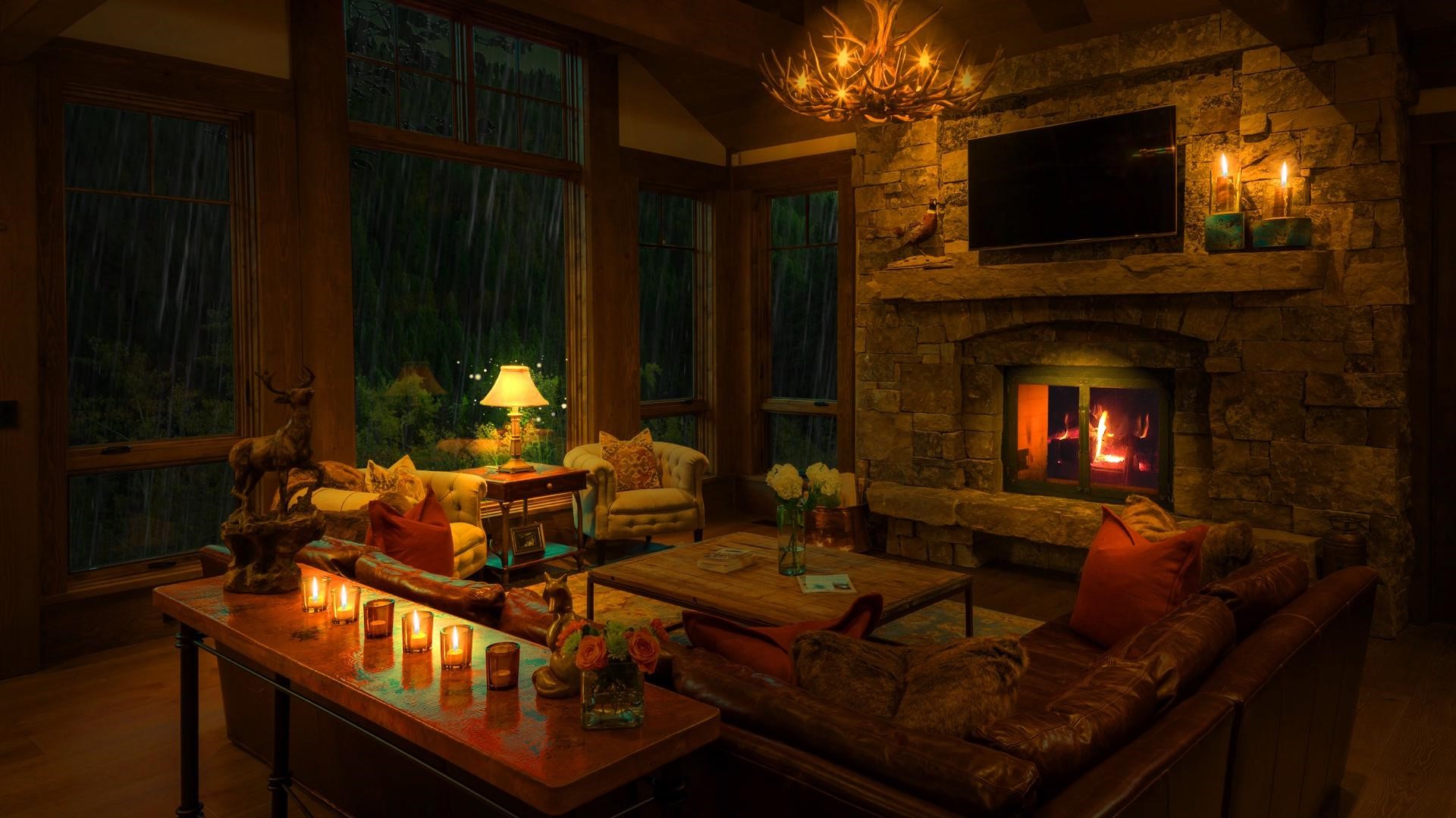 room, candles, interior, living rooms, architecture, fireplace, rain, house Gallery HD Wallpaper