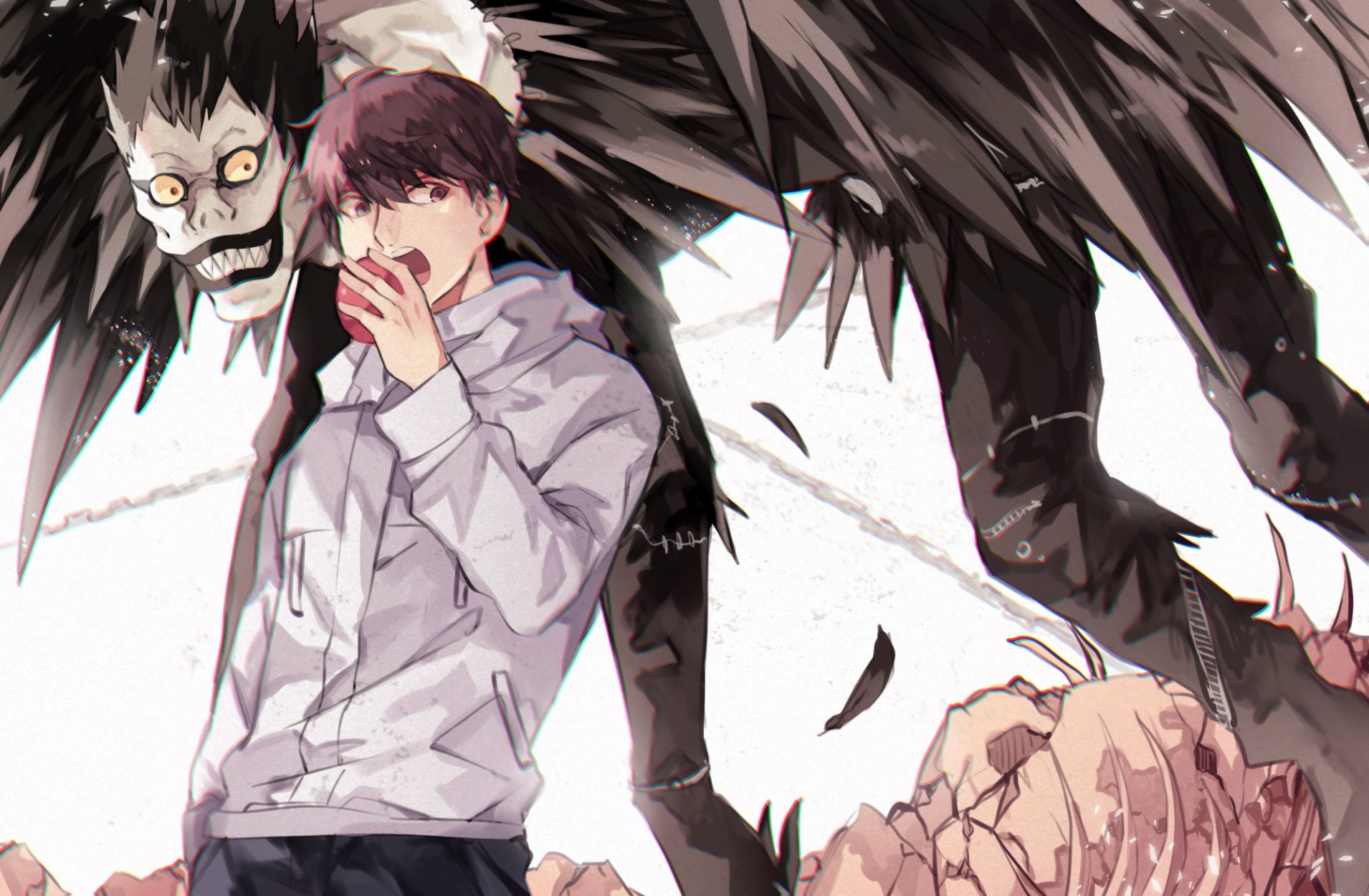 Wallpaper, anime boys, Death Note, red apple, dark hair, short hair, bones, feathers, Yagami Light, Ryuk, chains 1910x1250