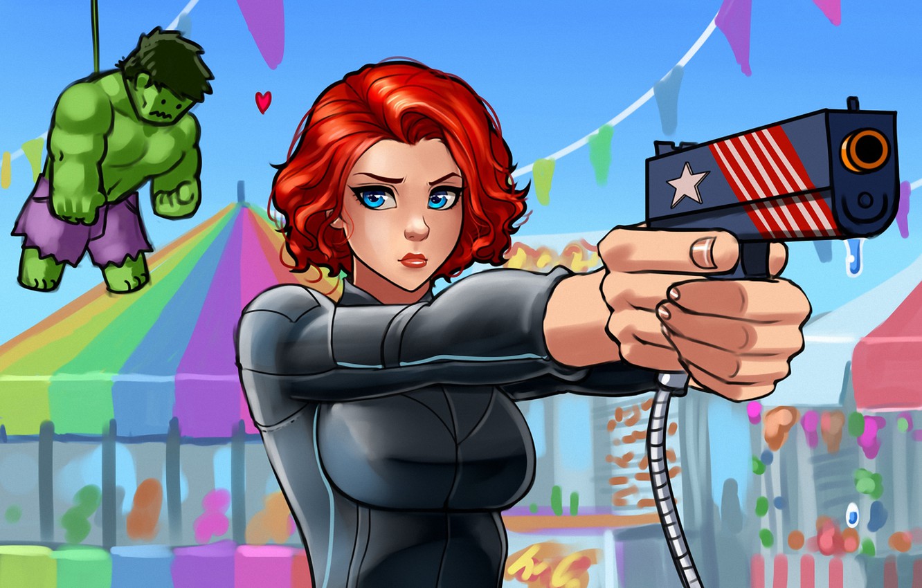 Wallpaper eyes, look, girl, face, Park, gun, toy, red, amusement, hulk, Black Widow, marvel comics, The Avengers, black widow, Natasha Romanova, natasha romanoff image for desktop, section фантастика