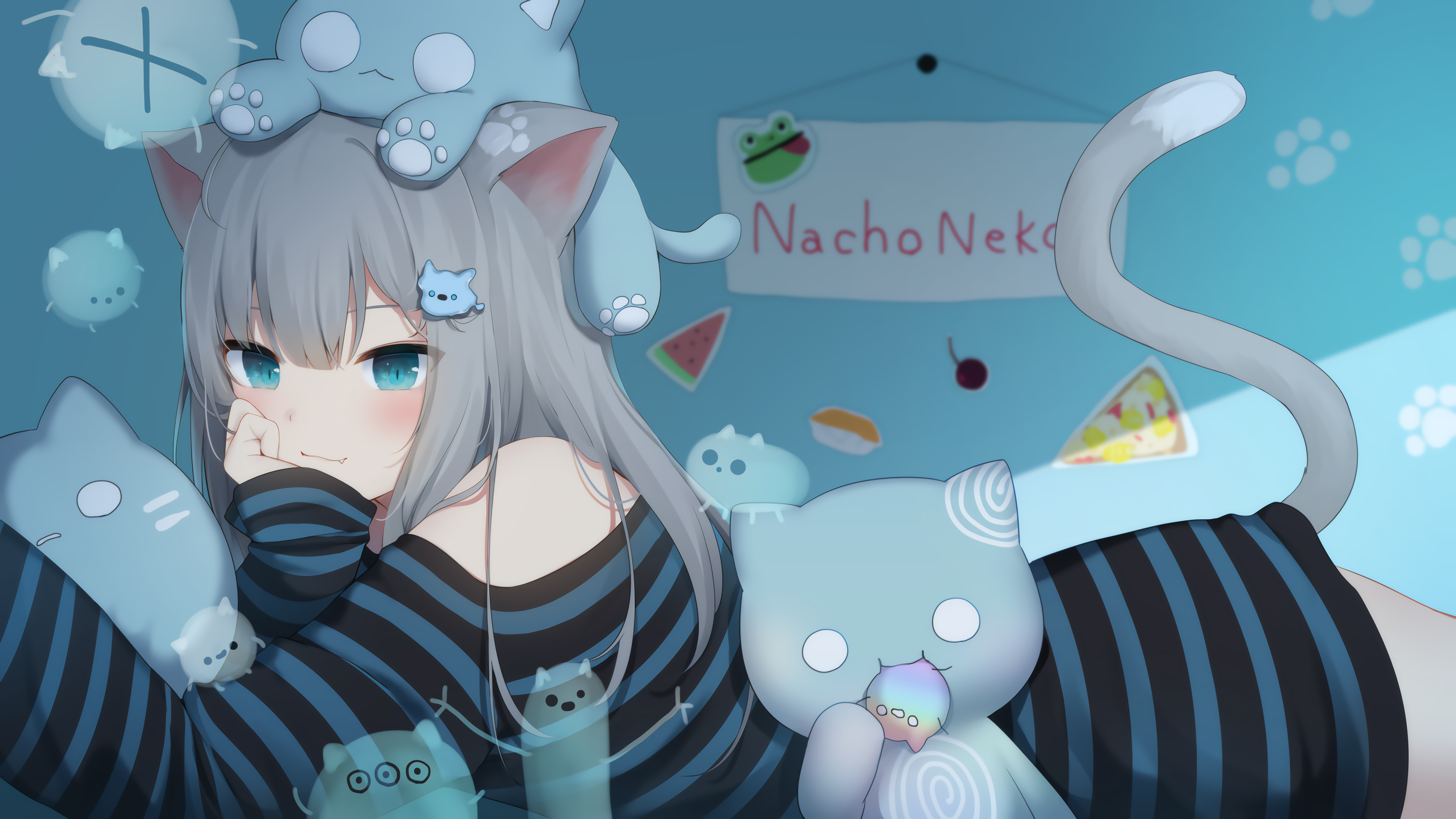 Animal Ears Anime Girls Cat Girl Tail Grey Hair Aqua Eyes Nacho Neko Artwork Amashiro Natsuki Wallpaper:3840x2160