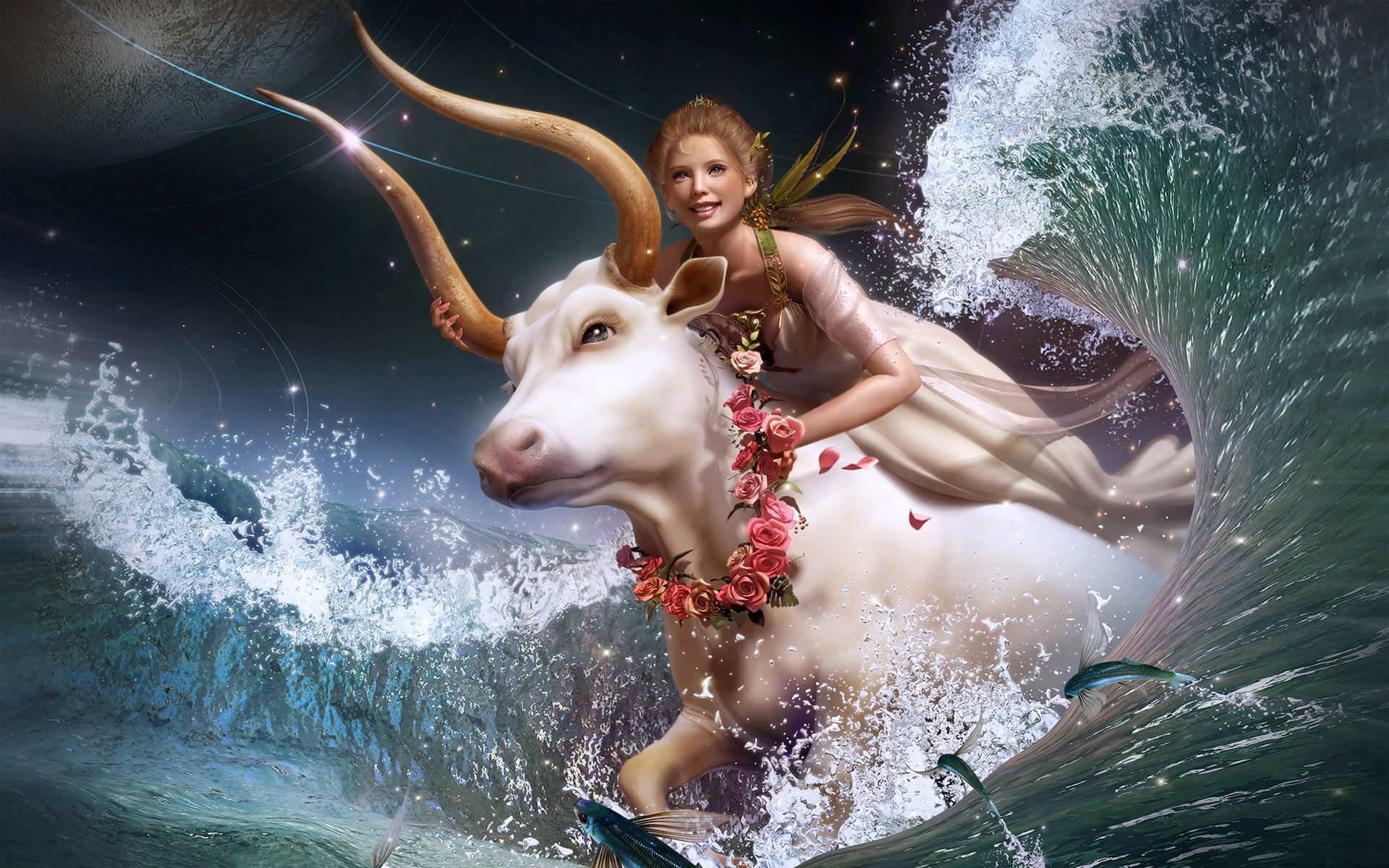 Wallpaper, nature, sign, wildlife, Zodiac, girl, wave, fun, goat, mammal, computer wallpaper, vertebrate, water feature, organism 1920x1200