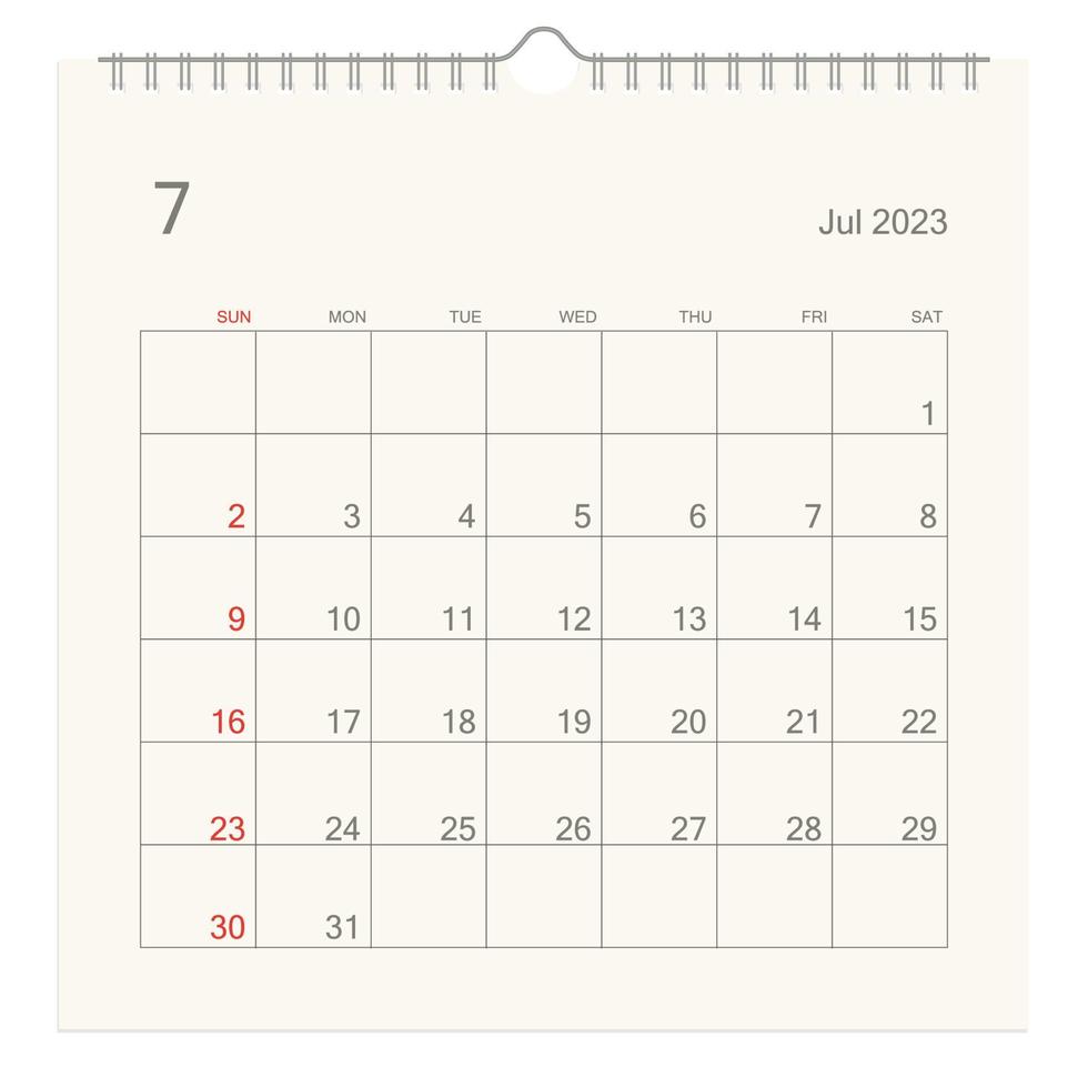 July 2023 calendar page on white background. Calendar background for reminder, business planning, appointment meeting and event. Week starts from Sunday. Vector
