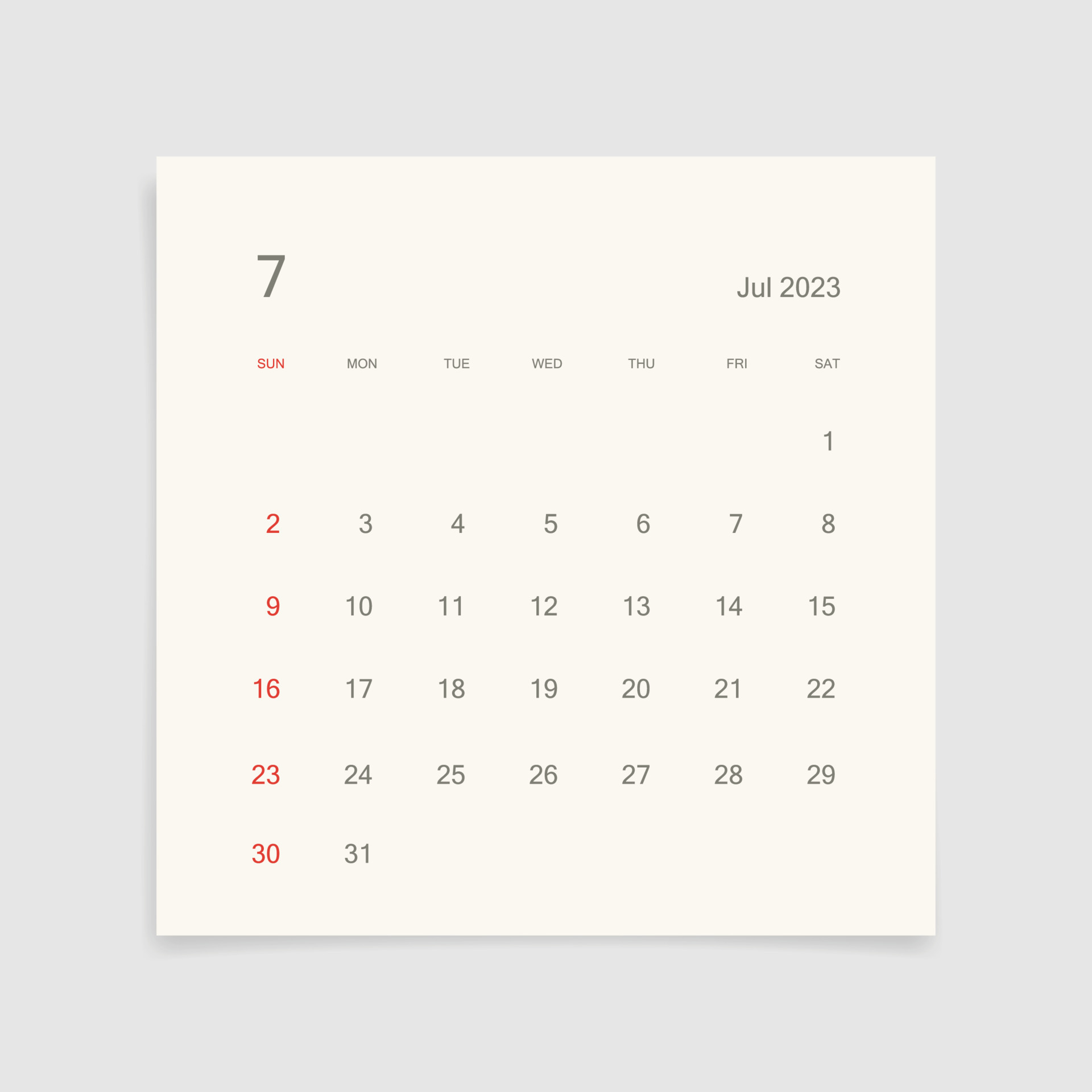 July 2023 calendar page on white background. Calendar background for reminder, business planning, appointment meeting and event. Week starts from Sunday. Vector