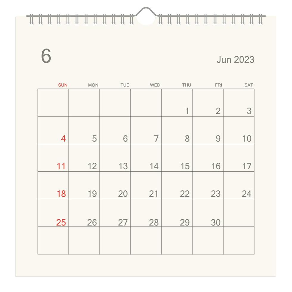June 2023 calendar page on white background. Calendar background for reminder, business planning, appointment meeting and event. Week starts from Sunday. Vector