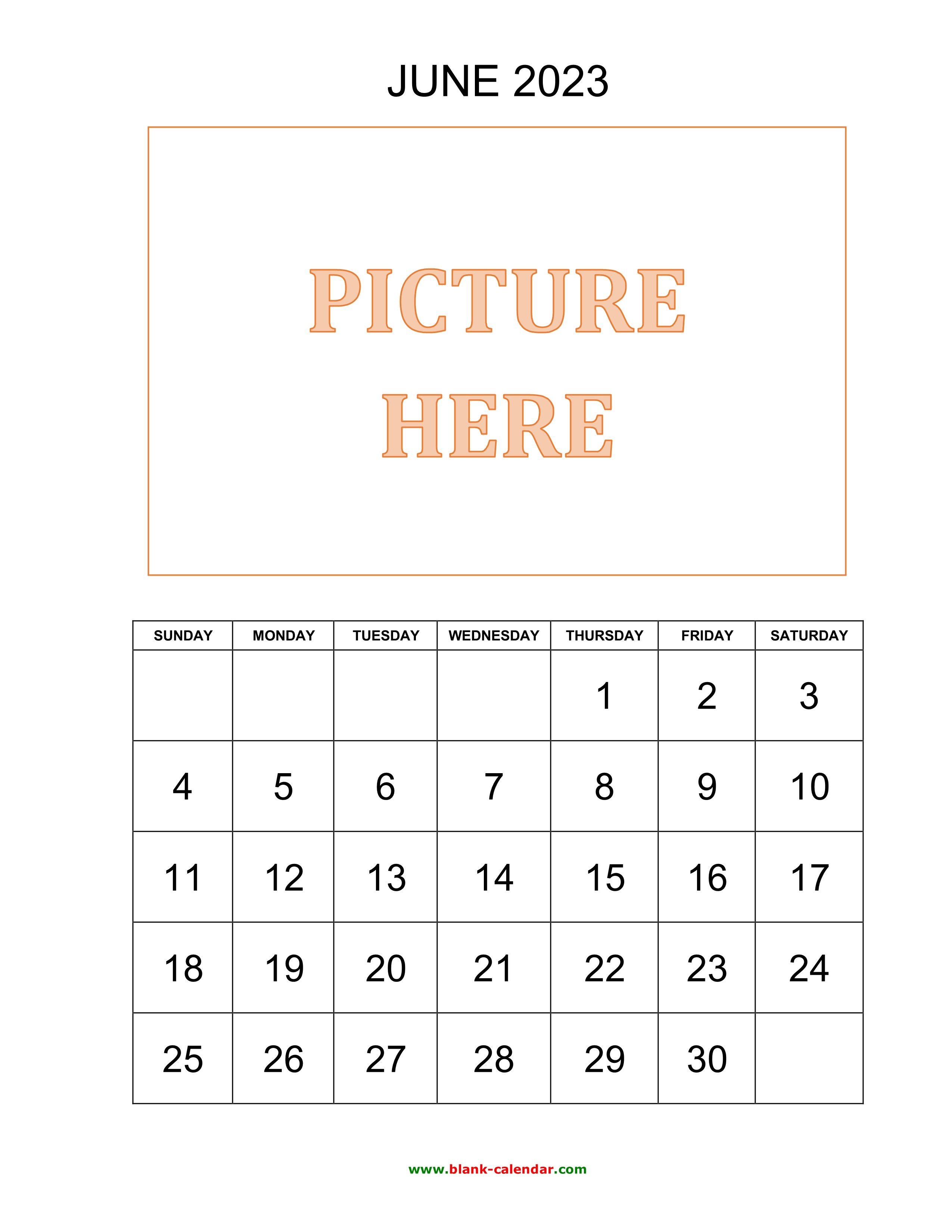 Free Download Printable June 2023 Calendar, pictures can be placed at the top
