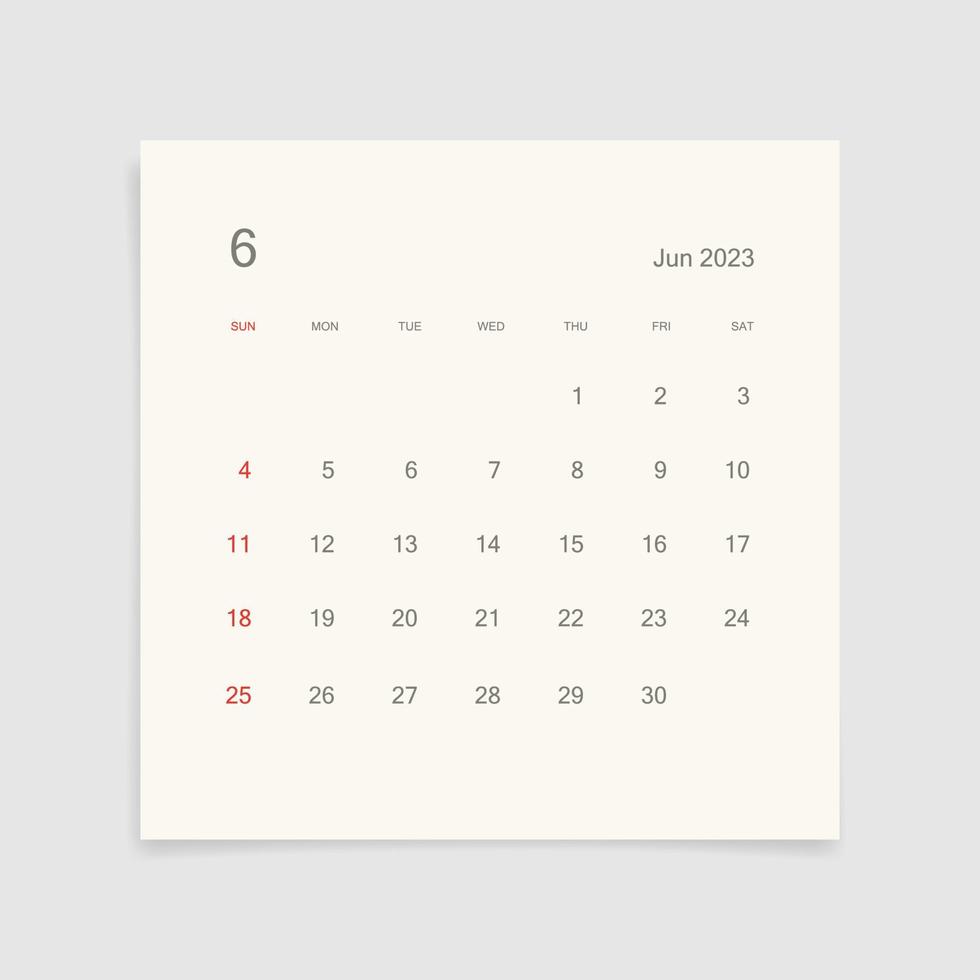 June 2023 calendar page on white background. Calendar backgrounds for reminder, business planning, appointment meeting and event. Week starts from Sunday. Vector. 15934662 Vector Art at Vecteezy