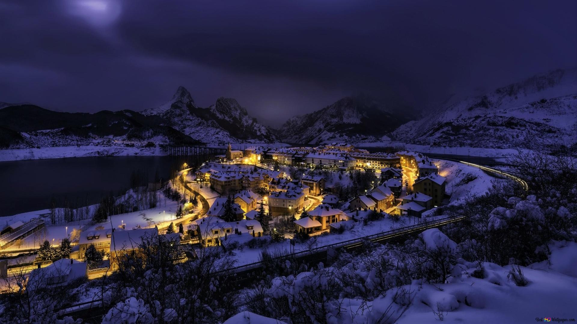 Mountain town in winter night HD wallpaper download
