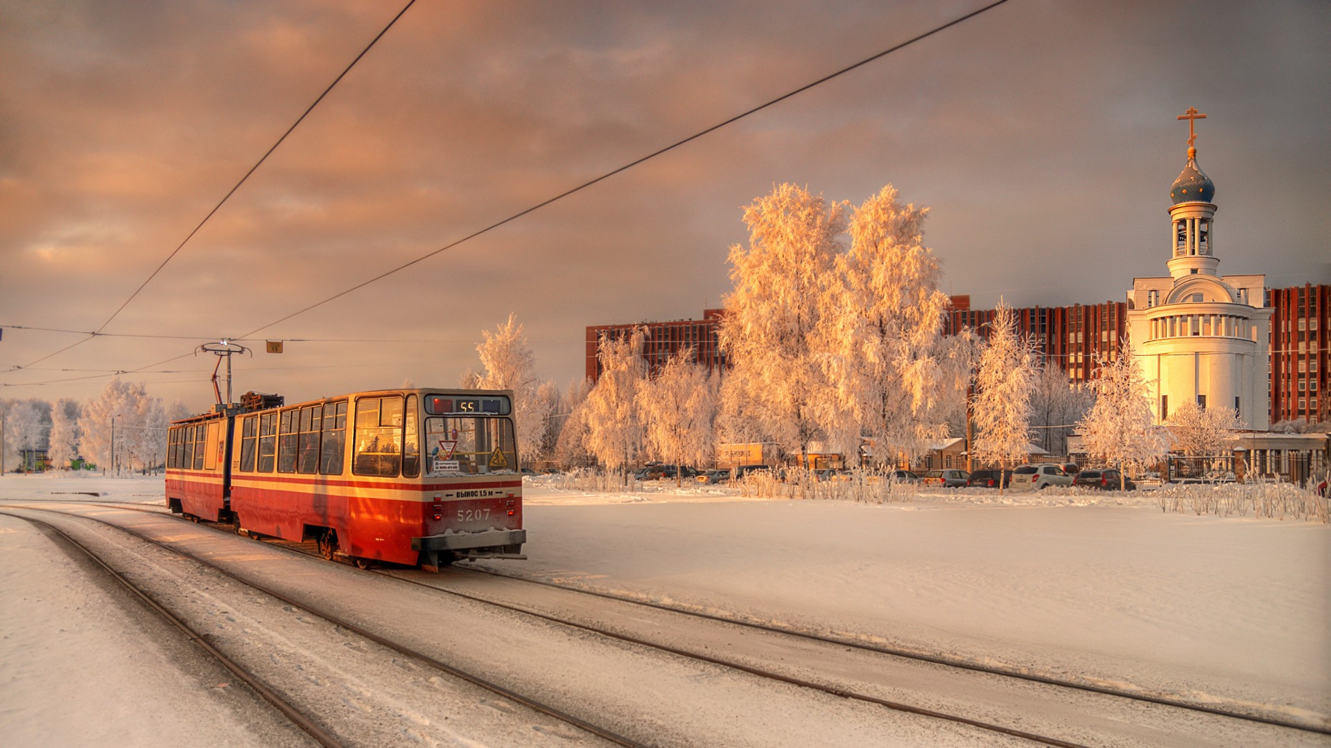 Wallpaper, city, cityscape, snow, winter, vehicle, road, evening, morning, St Petersburg, Russia, church, tram, Orthodox, weather, season, track, rail transport 1920x1080