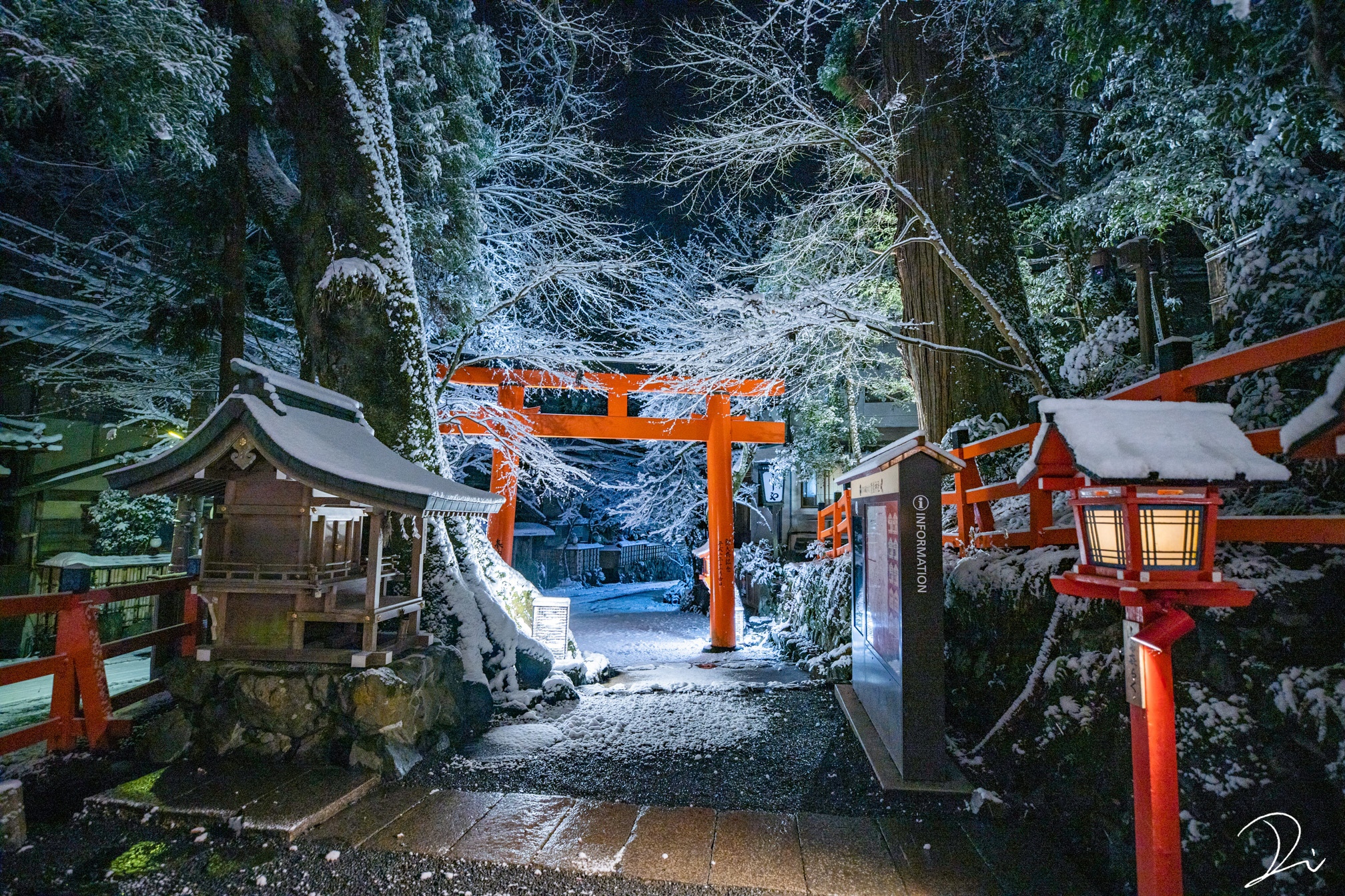 Japan Winter Asian Architecture Snow Trees Lantern Night Torii Wallpaper:2016x1344