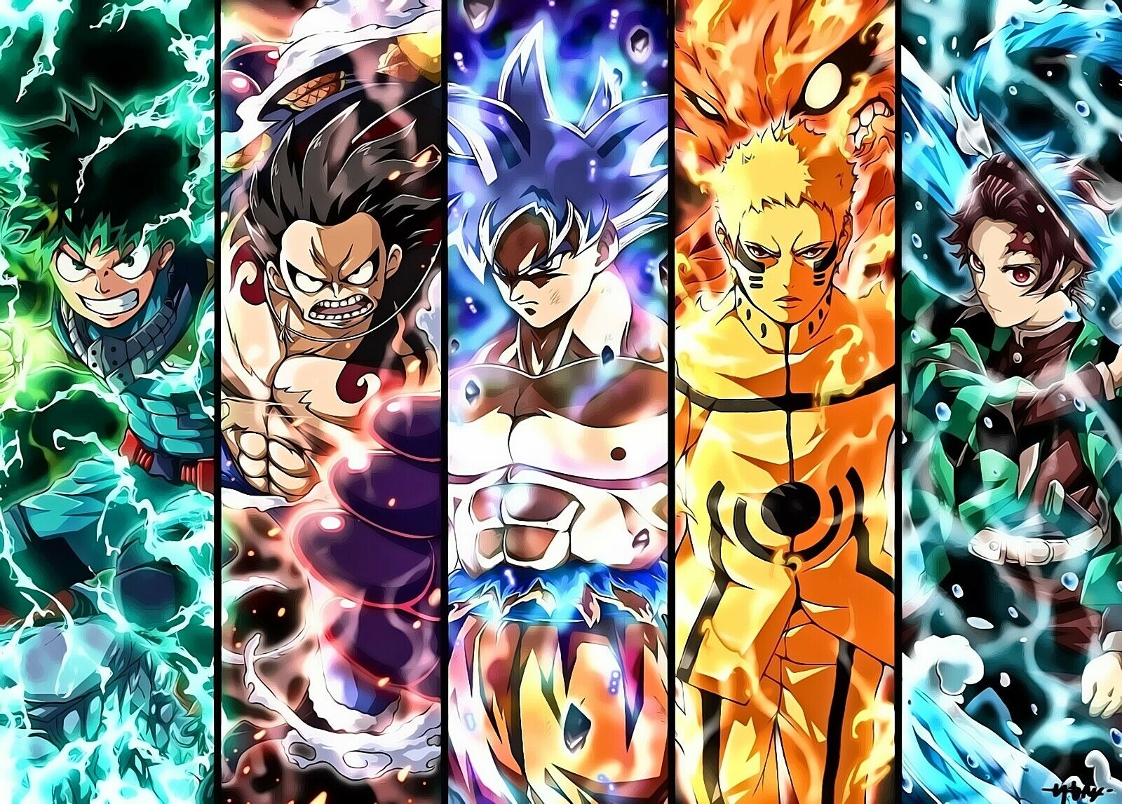 Anime Collage Poster. Framed Art. Izuku Luffy Goku Naruto Tanjiro. NEW