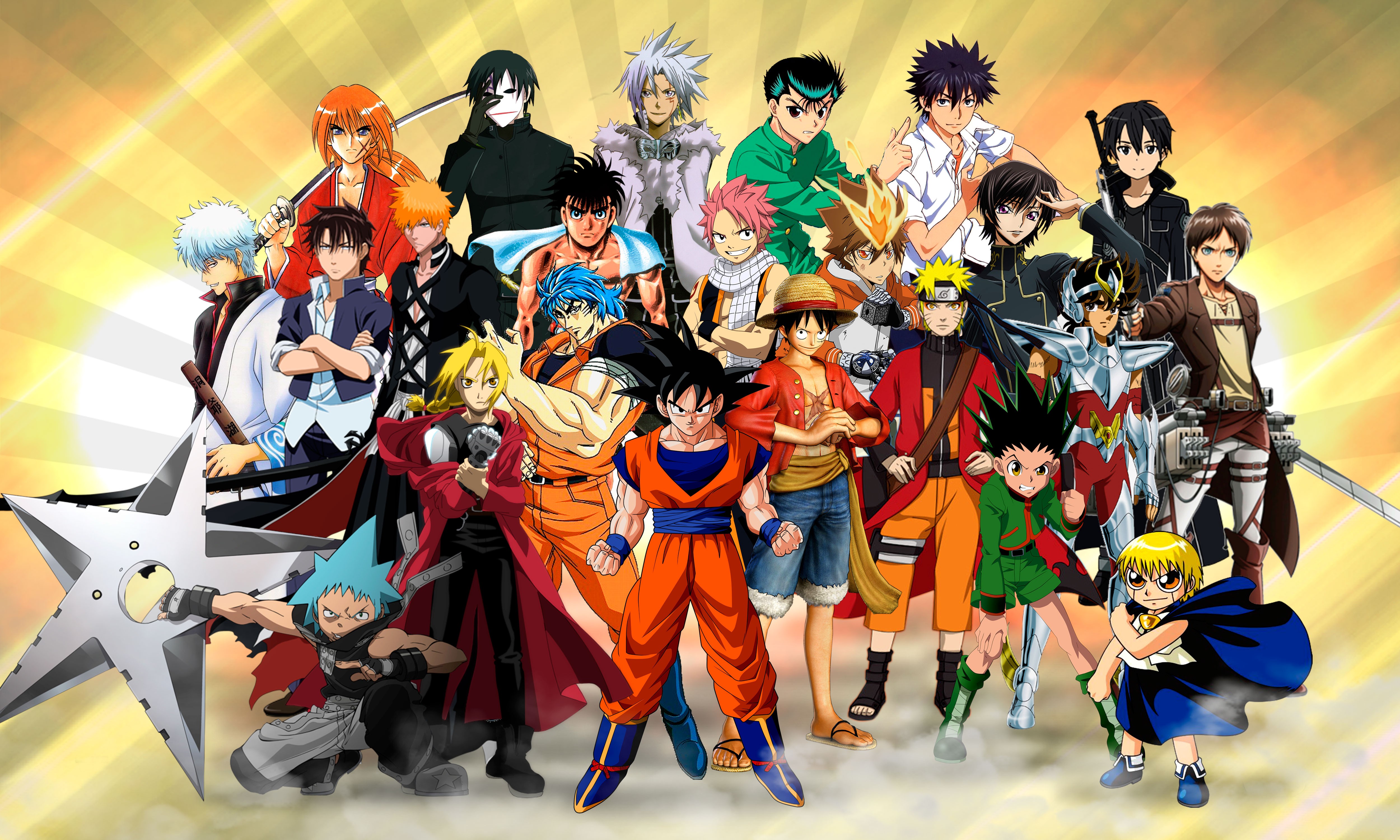 Toriko, Sawada Tsunayoshi, Elric Edward, Monkey D. Luffy, Son Goku, Ippo, Kurosaki Ichigo, Saint Seiya, Sakata Gintoki, Uzumaki Naruto, Lamperouge Lelouch, Eren Jeager, Hei, Shingeki no Kyojin, anime, BlackStar, Yu Yu