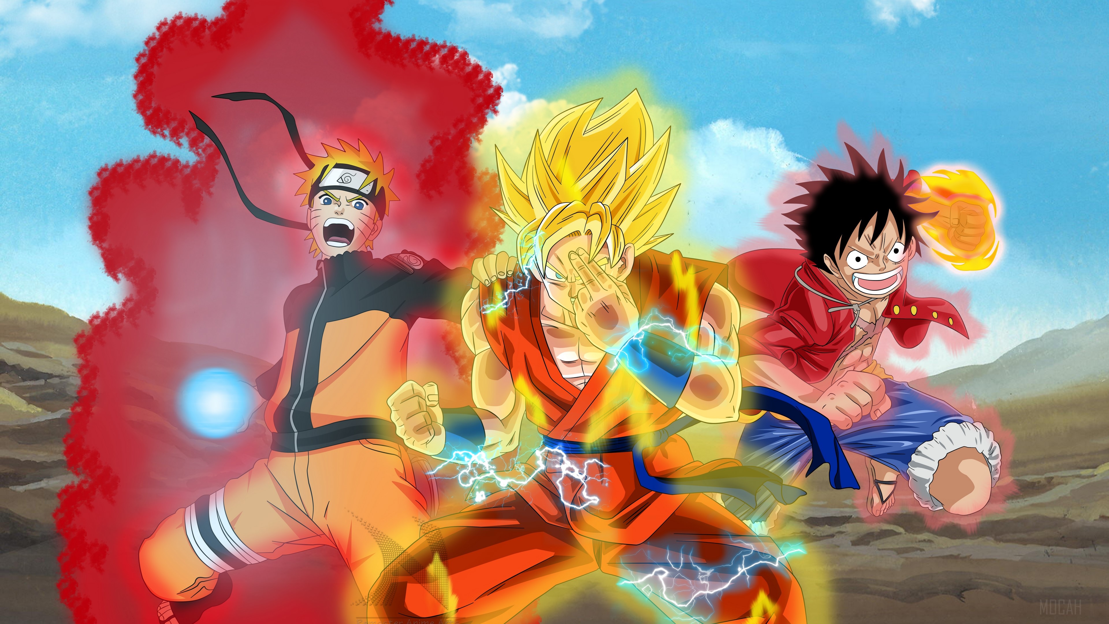 Anime, Dragon Ball Super, Goku, Monkey D. Luffy, Naruto Uzumaki, One Piece, Rasengan, Super Saiyan 2 4k Gallery HD Wallpaper