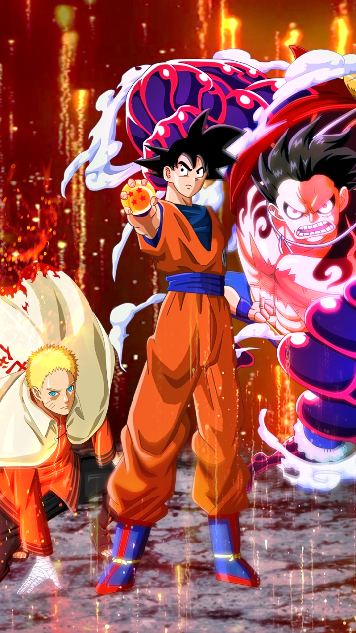Wallpaper / Anime Crossover Phone Wallpaper, Naruto Uzumaki, Monkey D. Luffy, Goku, 720x1280 free download
