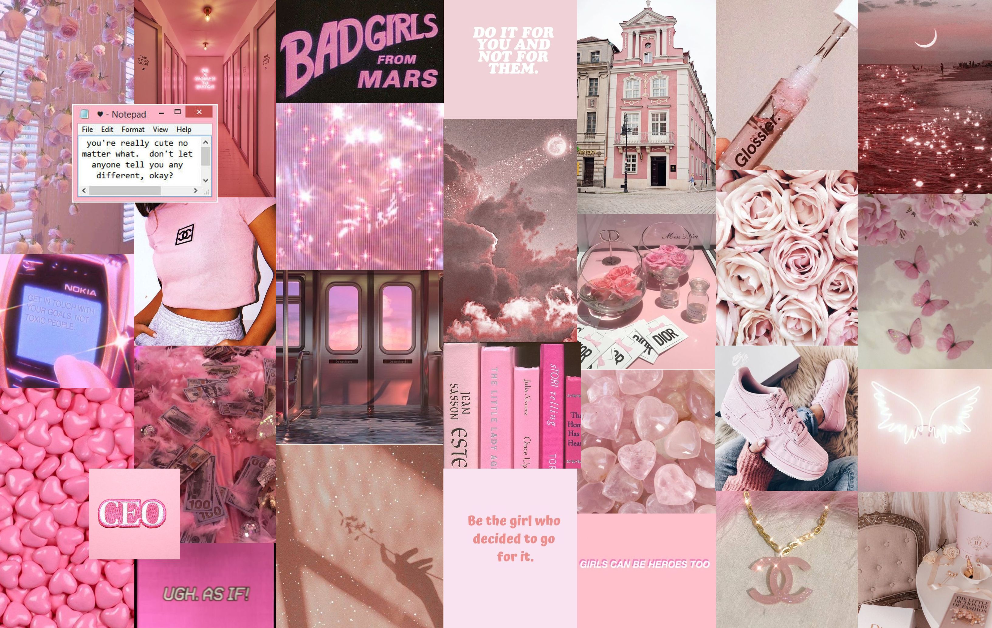 Pink GirlyCore Aesthetic Collage Desktop Wallpaper. Pink, Ted baker icon bag, Aesthetic collage