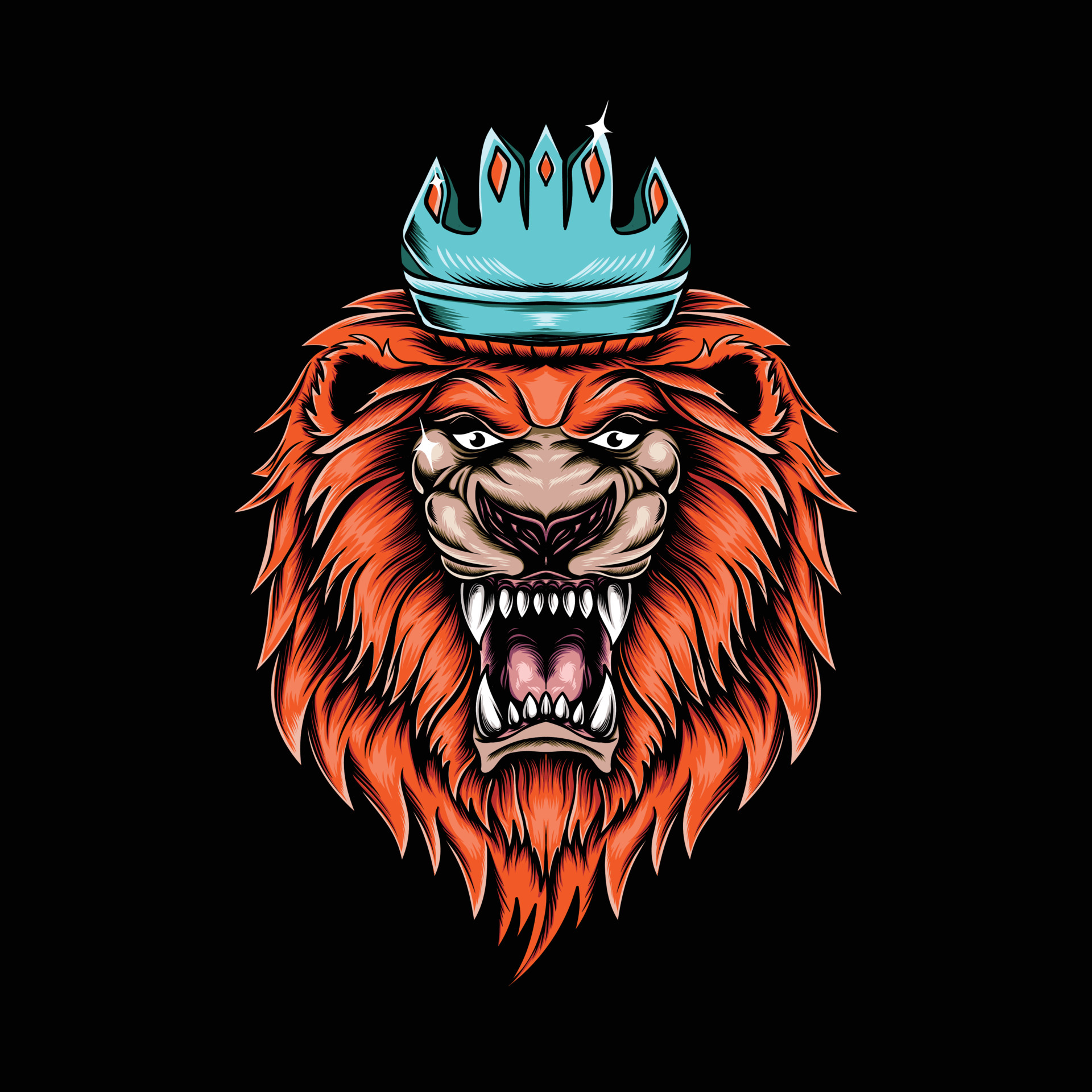 angry lion head king detail illustration with crown