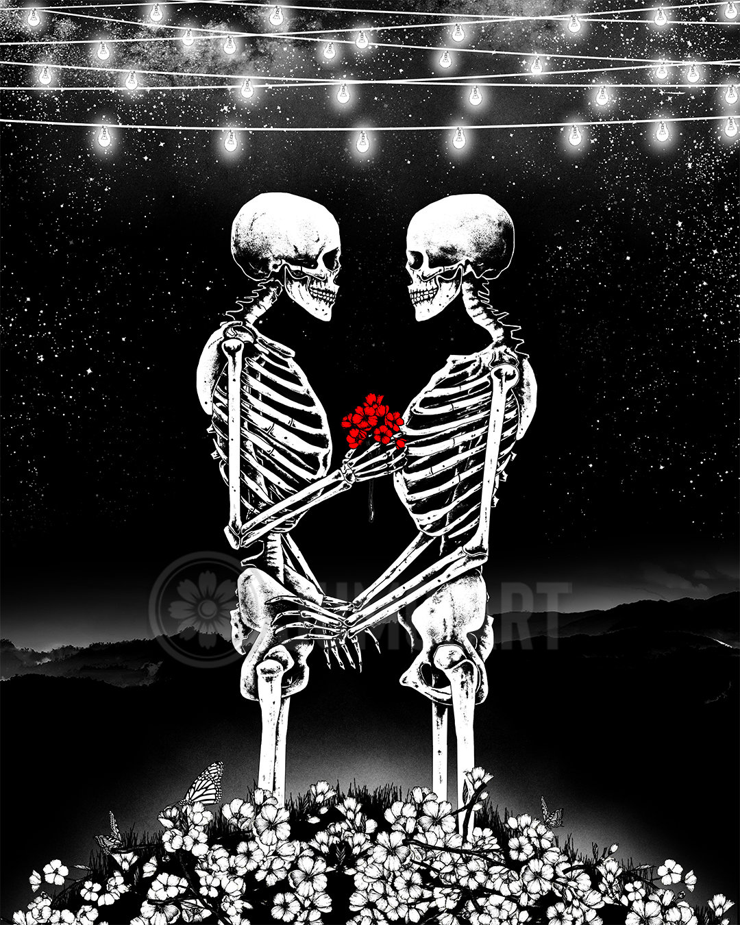 Yours Truly. Art Print. Skeleton Couple Flowers Love