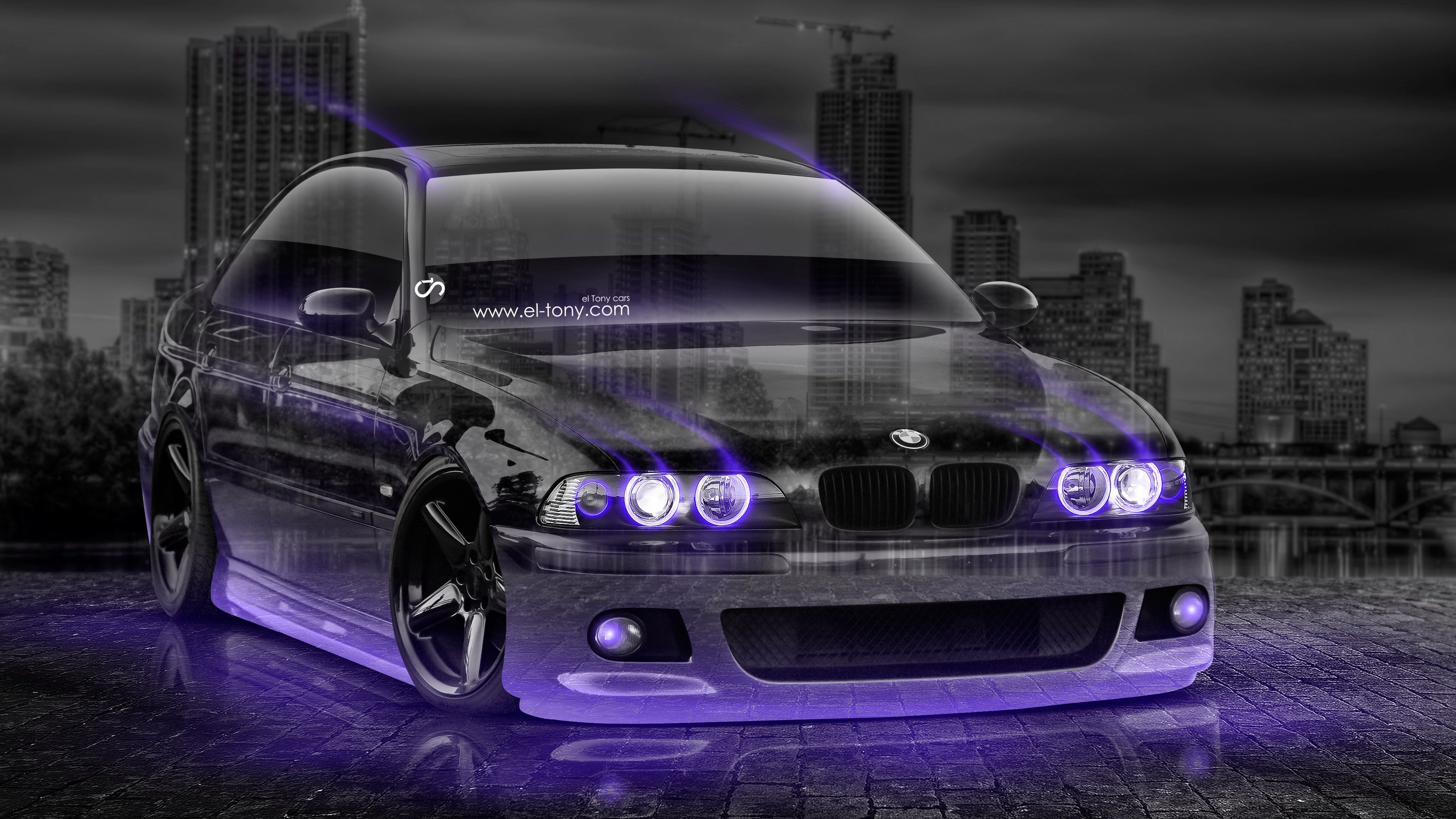 BMW M5 Tuning 3D Crystal City Car 2015 Violet Neon Effects HD Wallpaper Design By Tony Kokhan
