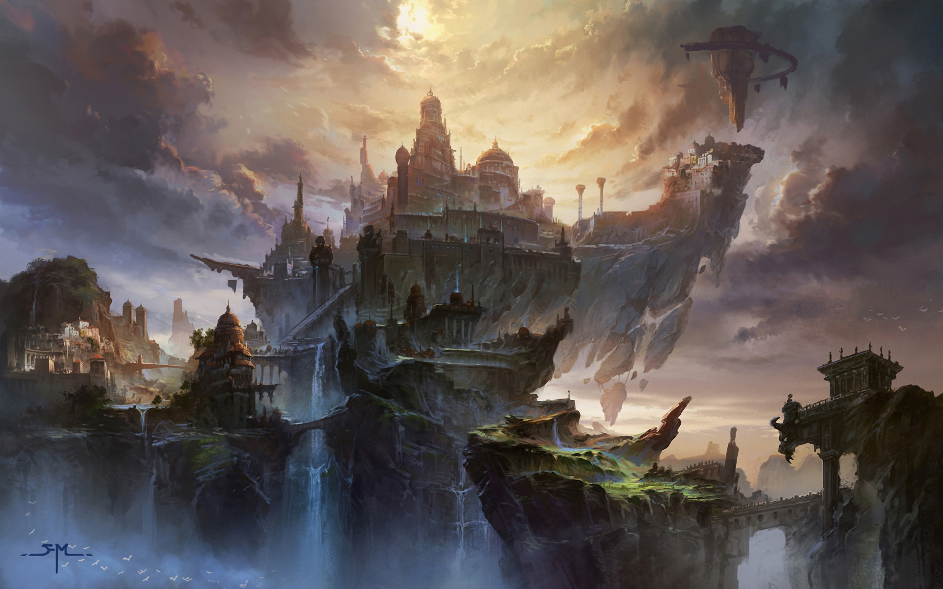 Wallpaper, 1920x1200 px, ART, Asian, castles, cities, landscapes, oriental, paintings, waterfalls 1920x1200