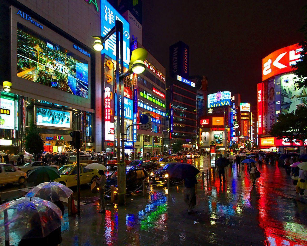 Download 1920 X 1080 Night City Rainy Tokyo Wallpaper