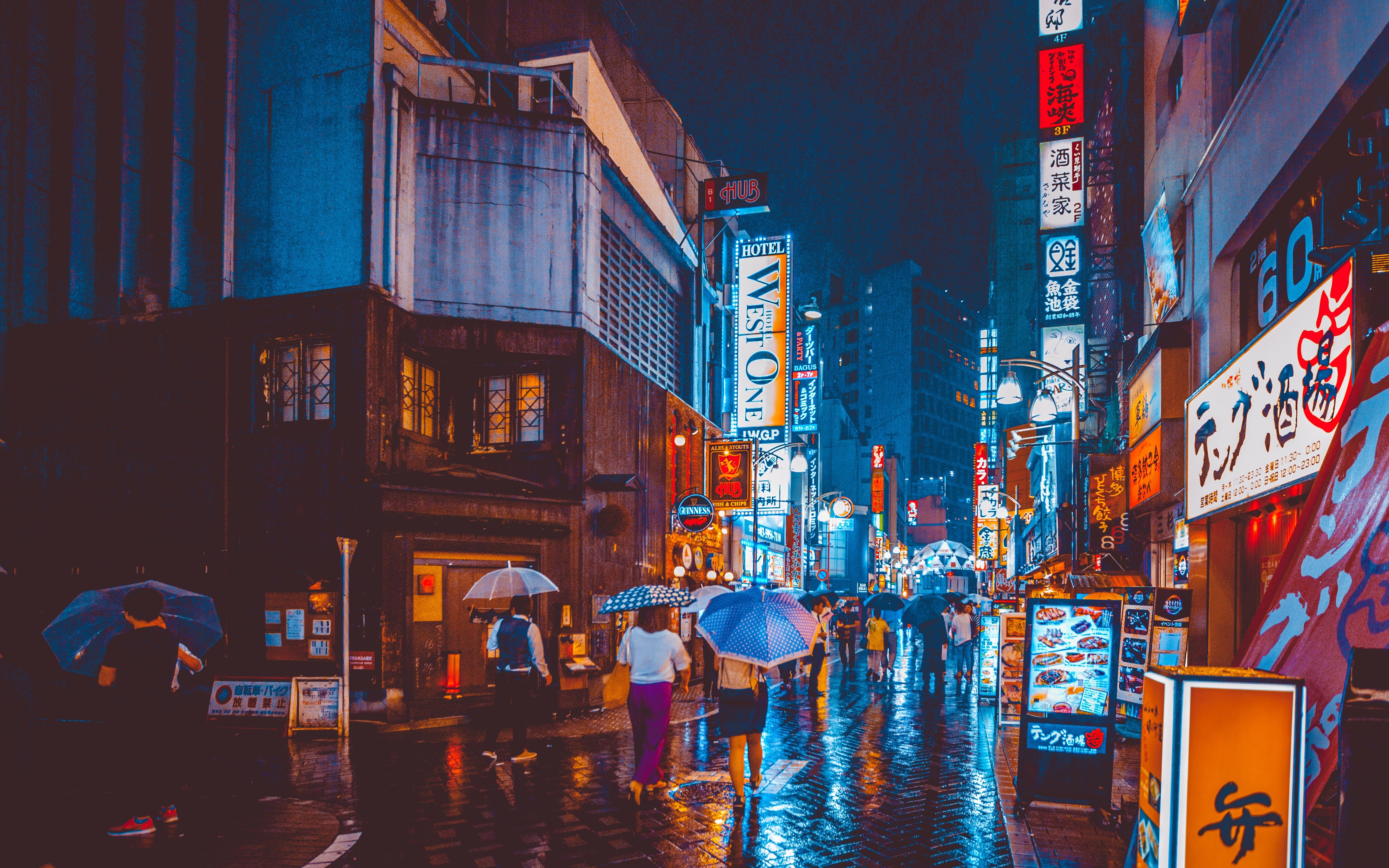 Japan, wet street, neon, umbrella, red, Tokyo, neon glow, bright, teemusphoto, cyan, city lights, rain Gallery HD Wallpaper