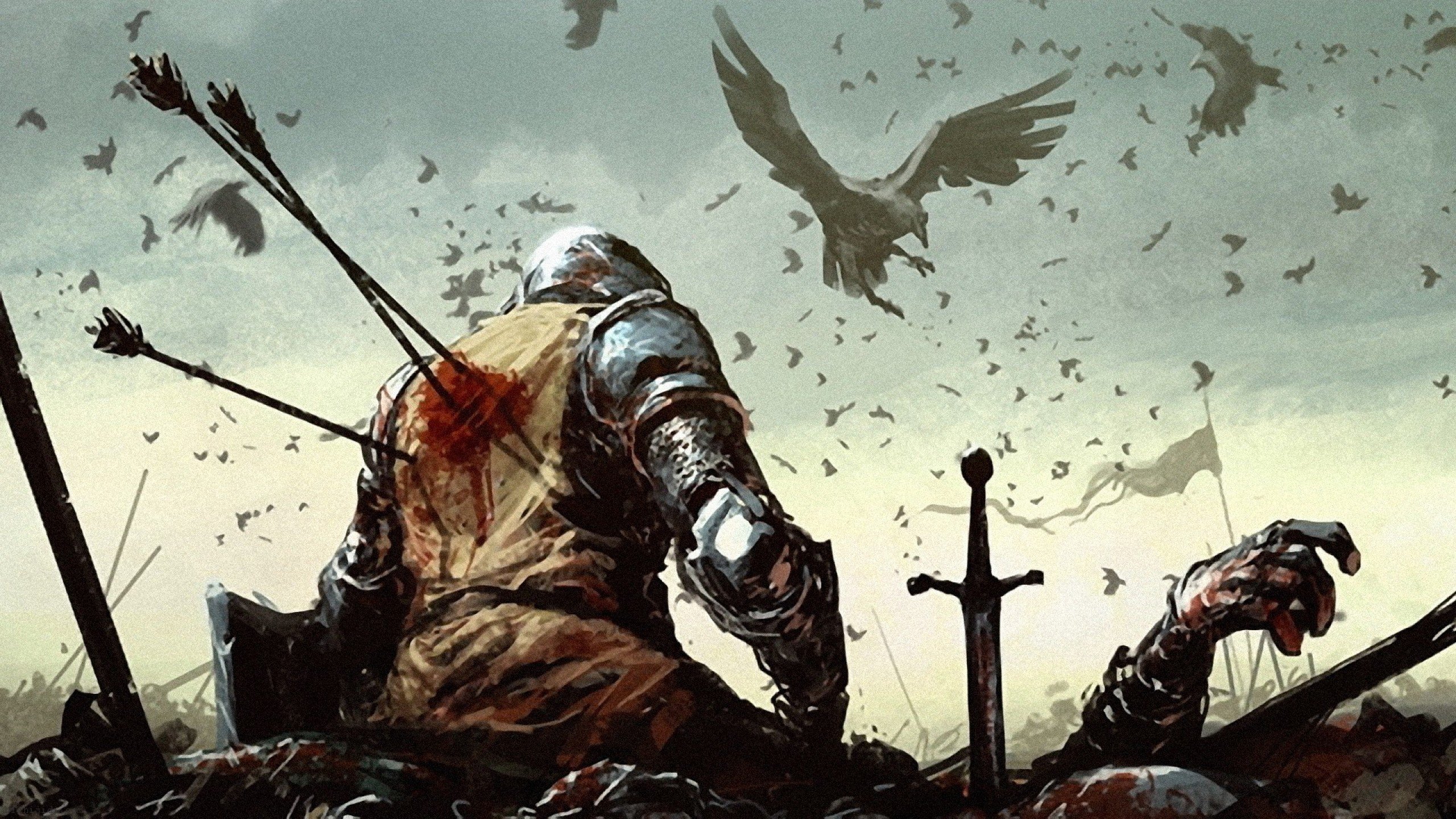 Wallpaper, birds, soldier, blood, warrior, Dark Souls, medieval, battlefields, arrows, screenshot 2560x1440