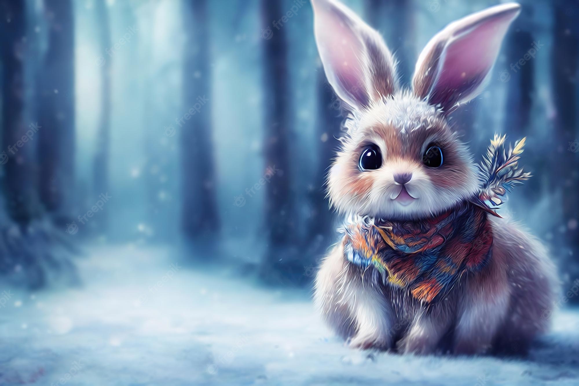 Premium Photo. Rabbit in the winter forest christmas background