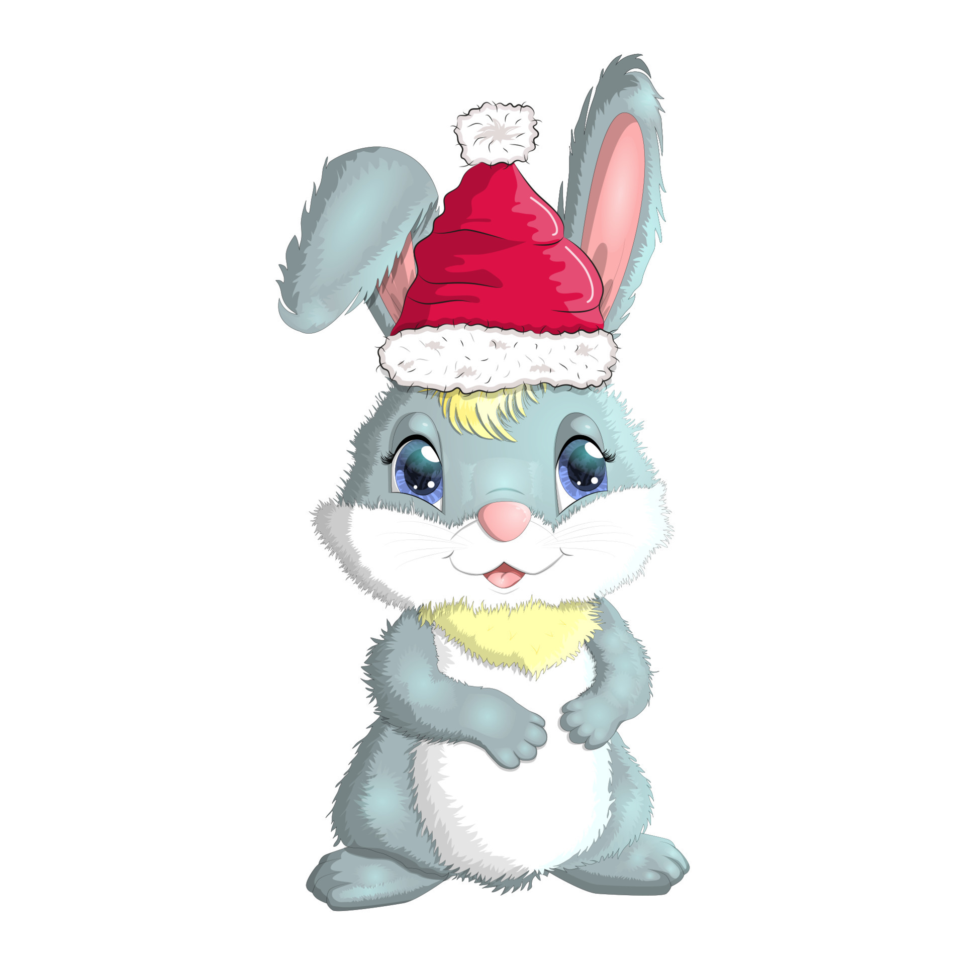 Cute cartoon bunny wearing santa hat. Winter Christmas and New Year