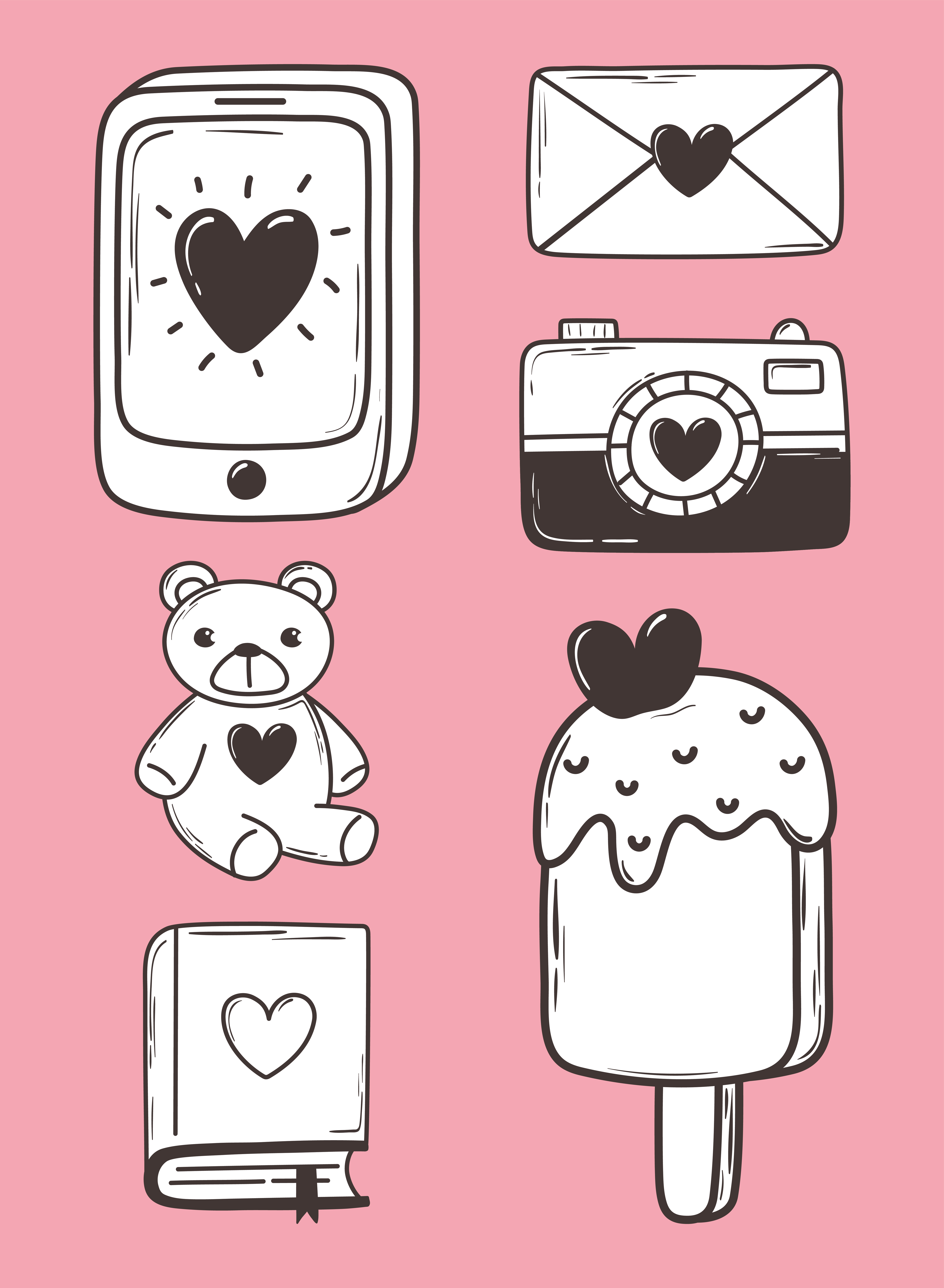 love doodle icon set phone camera mail ice cream bear book pink background