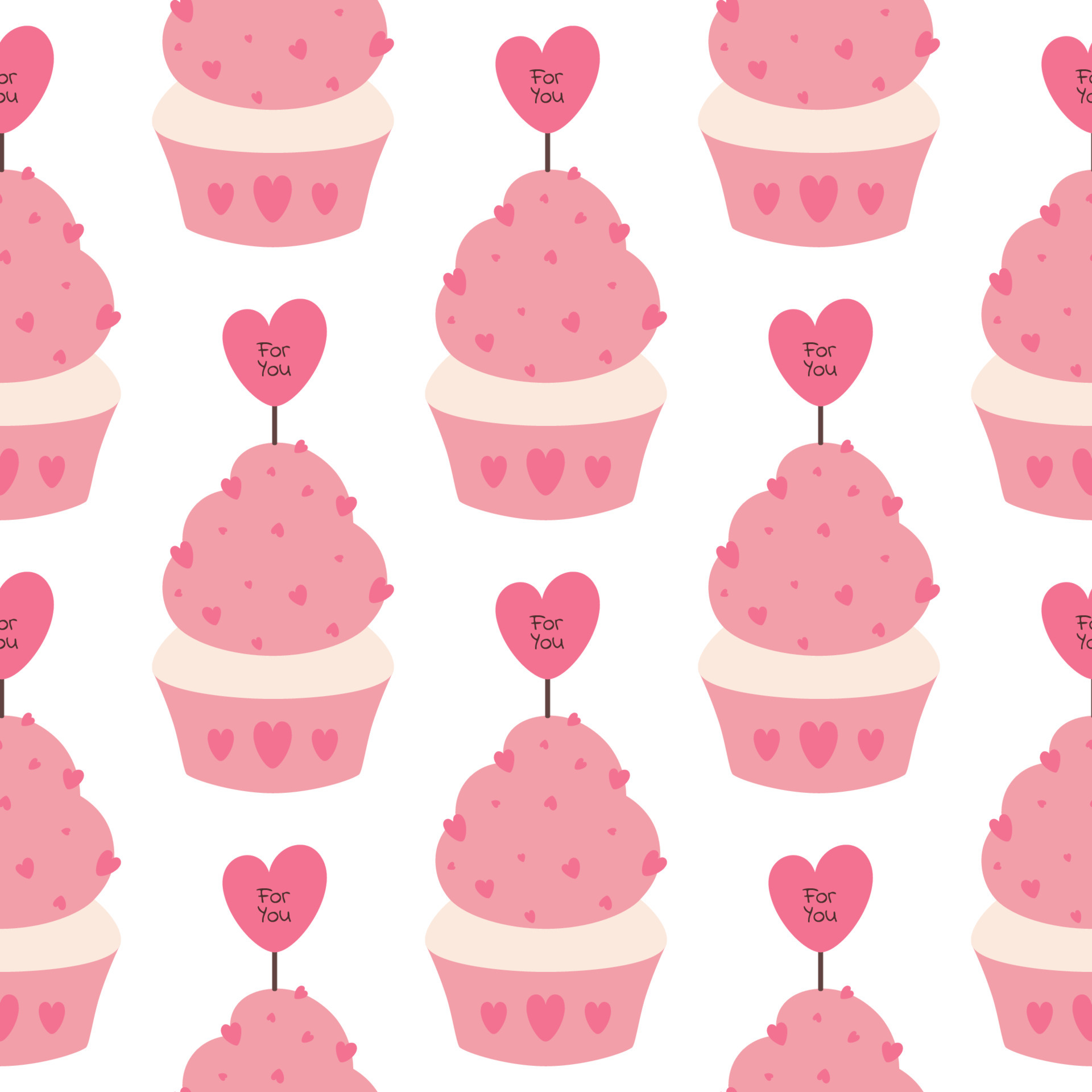 Seamless vector pattern with pink cupcakes and hearts. Seamless pattern for Valentine's Day. Happy Valentines Day. Pattern for wrapping paper, scrapbooking, wall paper, fabric. White background