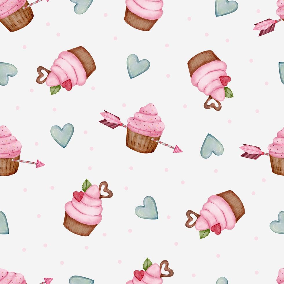 Valentine seamless pattern with heart, arrow and cupcakes. Perfect for wallpaper, web page background, textile, greeting cards and wedding invitations