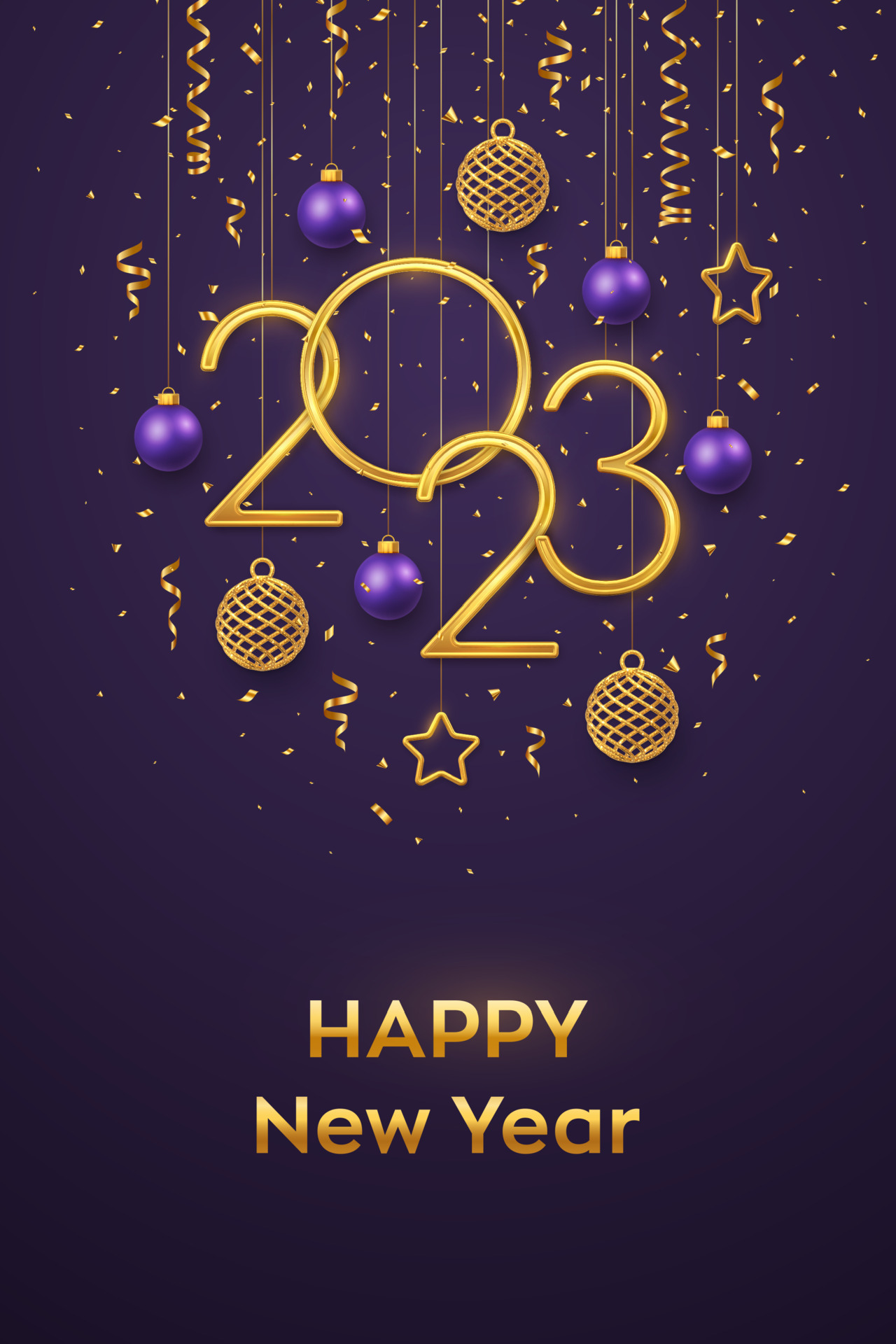 Happy New 2023 Year. Hanging Golden metallic numbers 2023 with shining 3D metallic stars, balls, confetti on purple background. New Year greeting card, banner. Realistic Vector illustration
