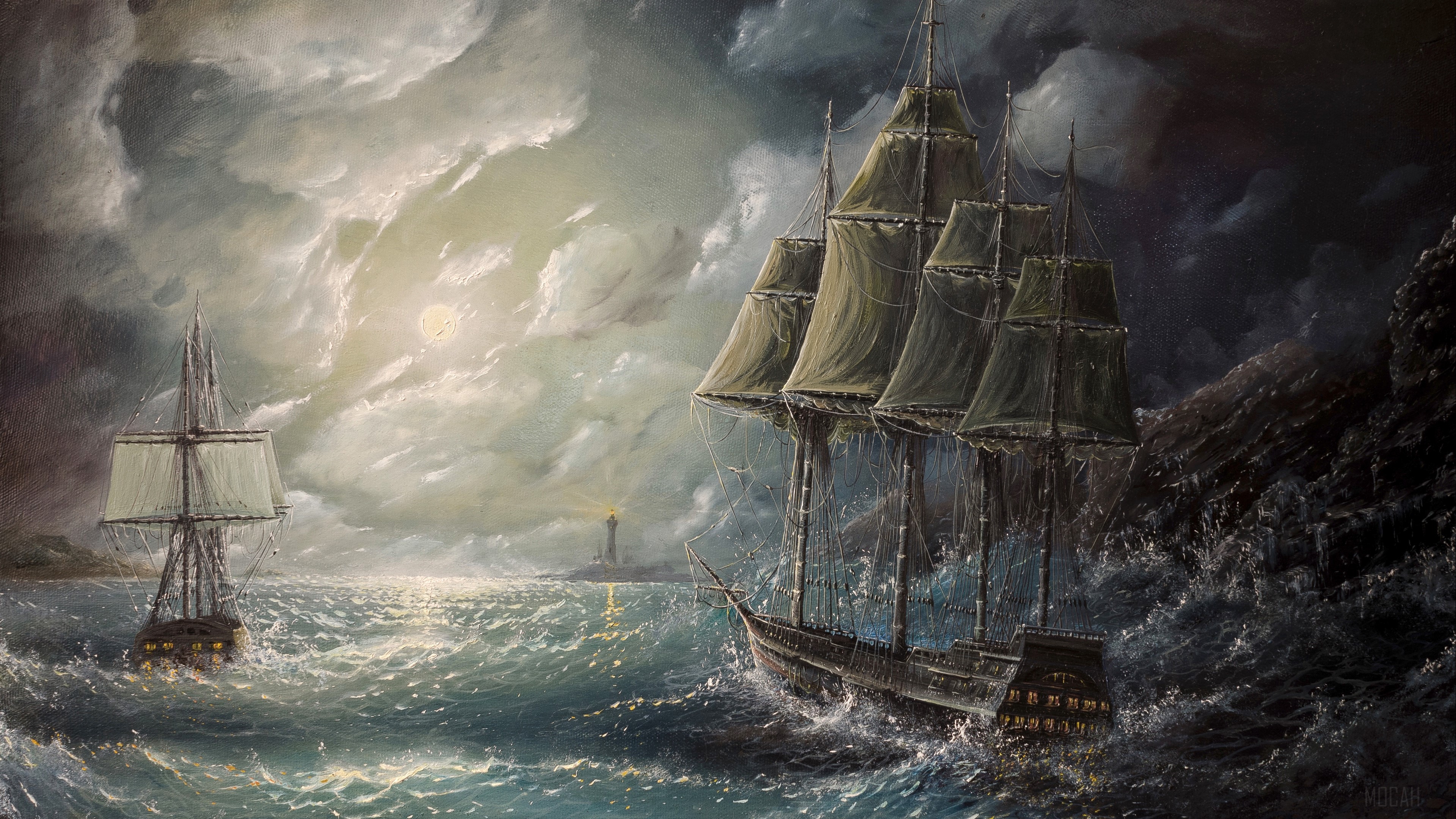 sea, sail, drawing, art, storm 4k Gallery HD Wallpaper