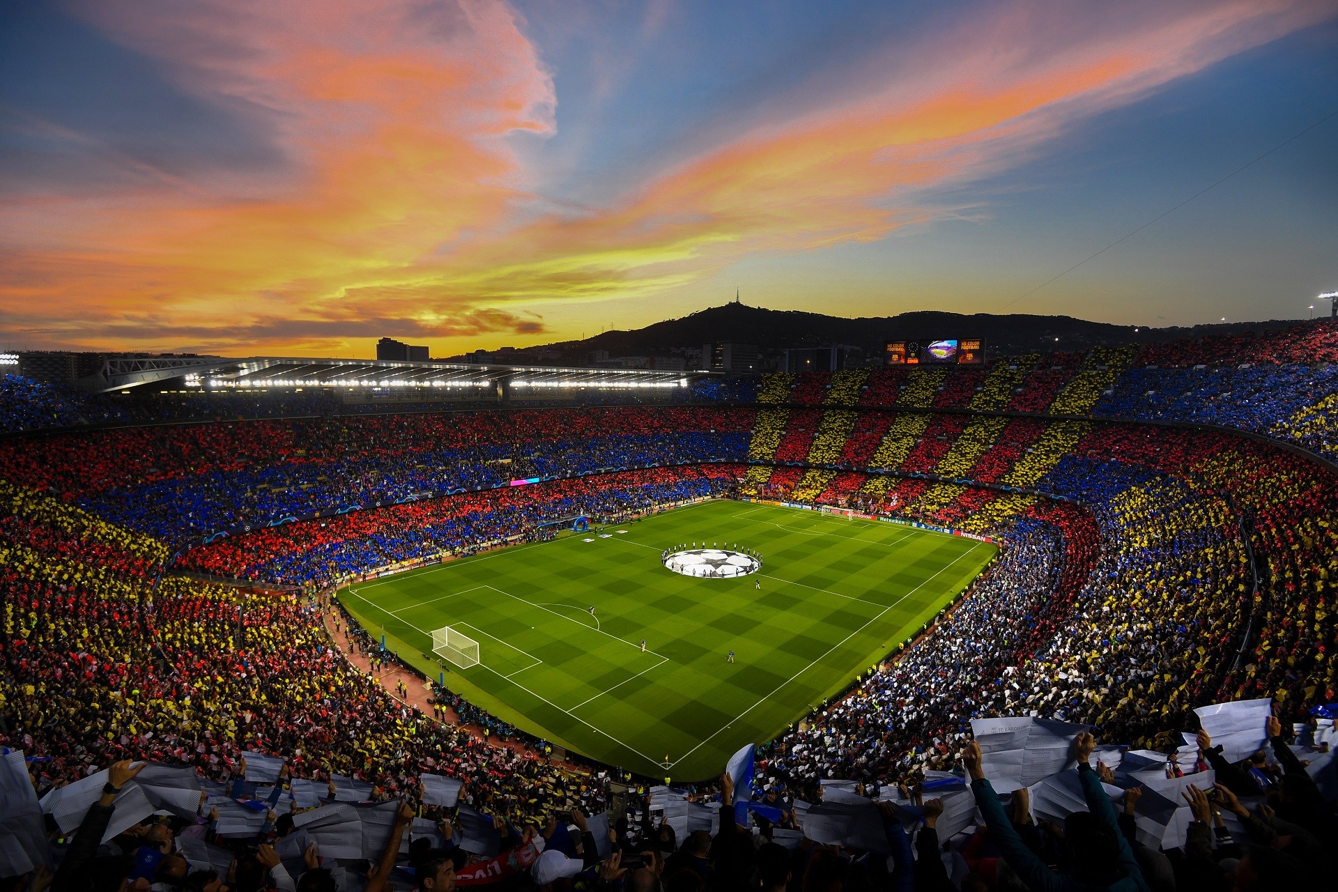 stadium, soccer, sunset, Camp Nou, FC Barcelona, Spain, soccer clubs, soccer field, Champions League Gallery HD Wallpaper