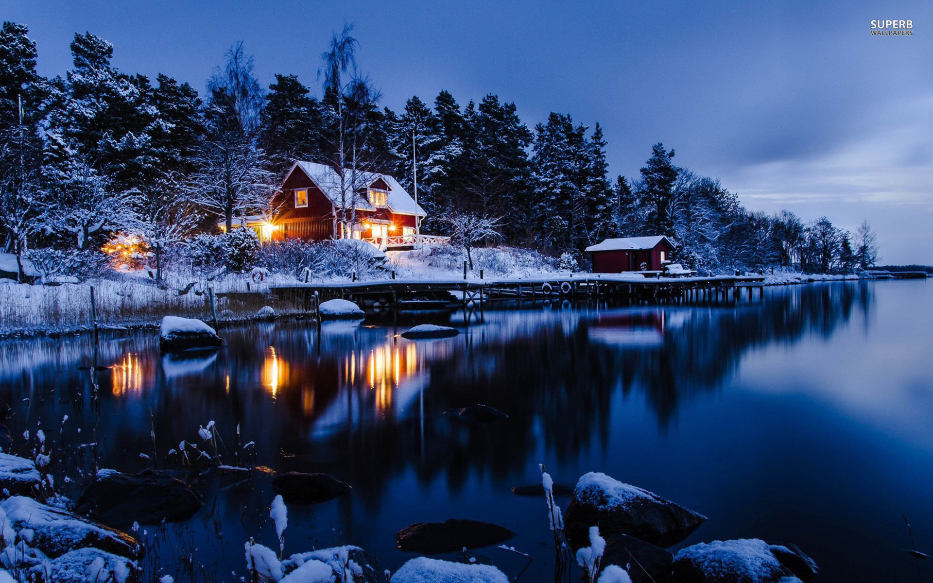 Lakeside Winter & Cabin wallpaper. Lakeside Winter & Cabin