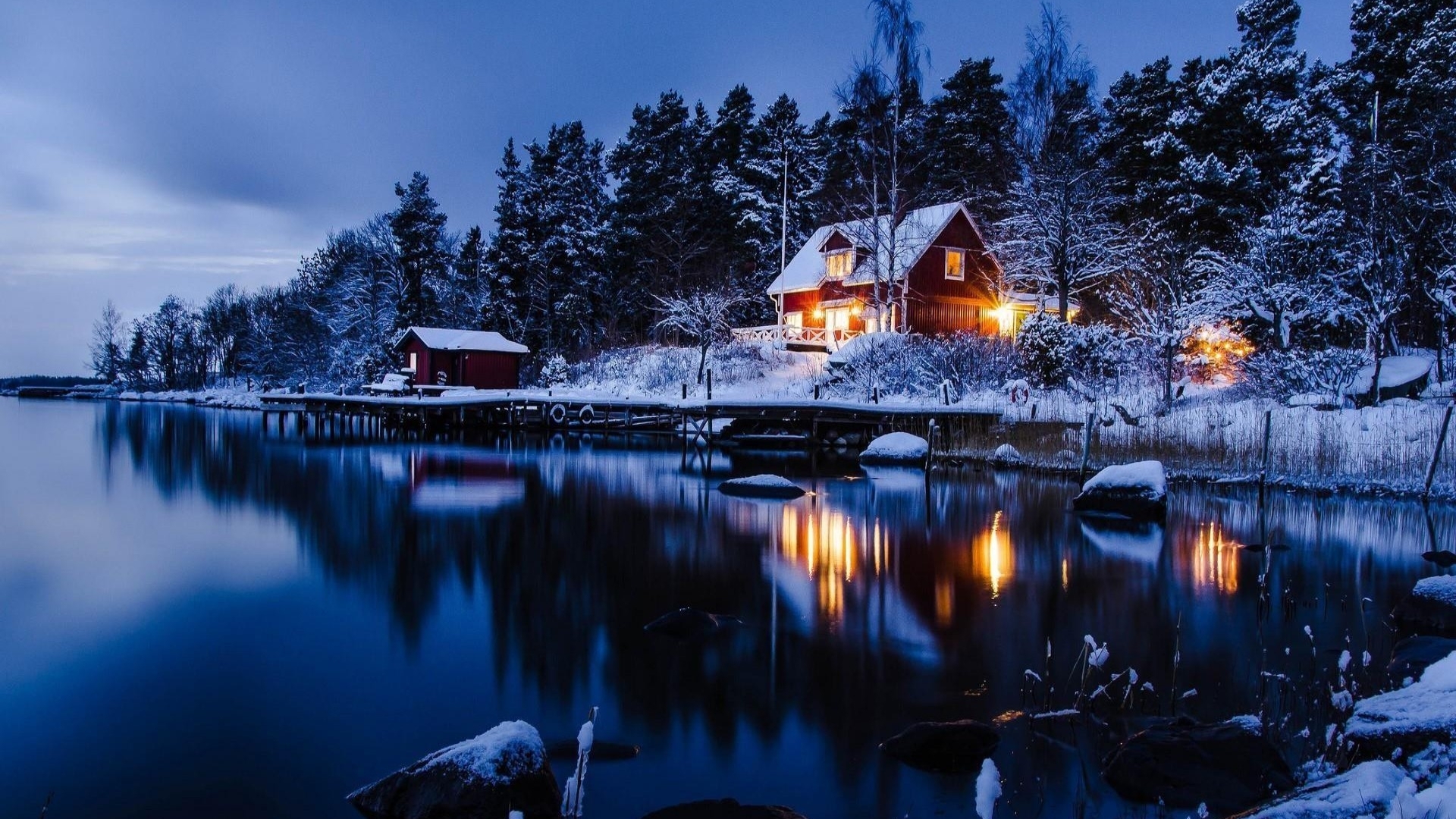 water, sweden, trees, sky, clouds, lake, cabin, winter Gallery HD Wallpaper
